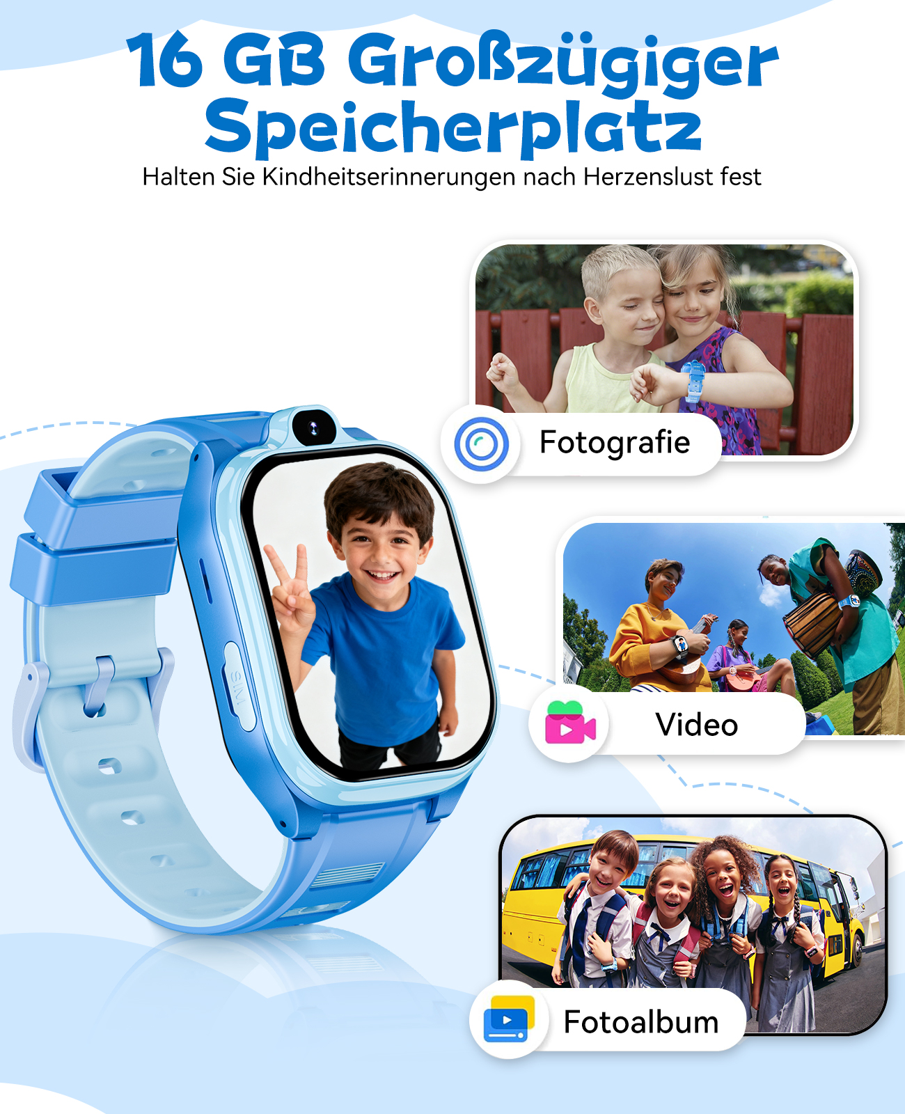Eine blaue Smartwatch mit einem Bildschirm, der einen Jungen zeigt. Weitere Fotos zeigen Kinder. Text sagt '16 GB Speichplatz'.