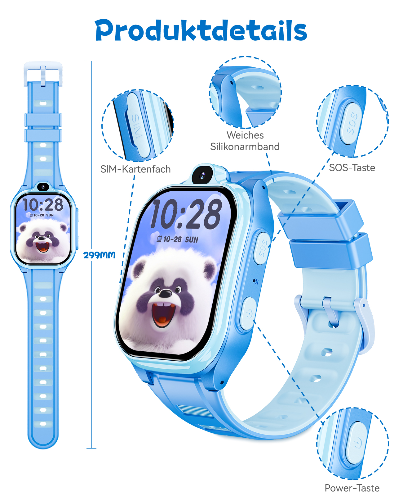 Blaue Kinder-Smartwatch mit Panda-Display. Funktionen: SIM-Slot, SOS-Taste, Power-Taste und weiches Silikonarmband.