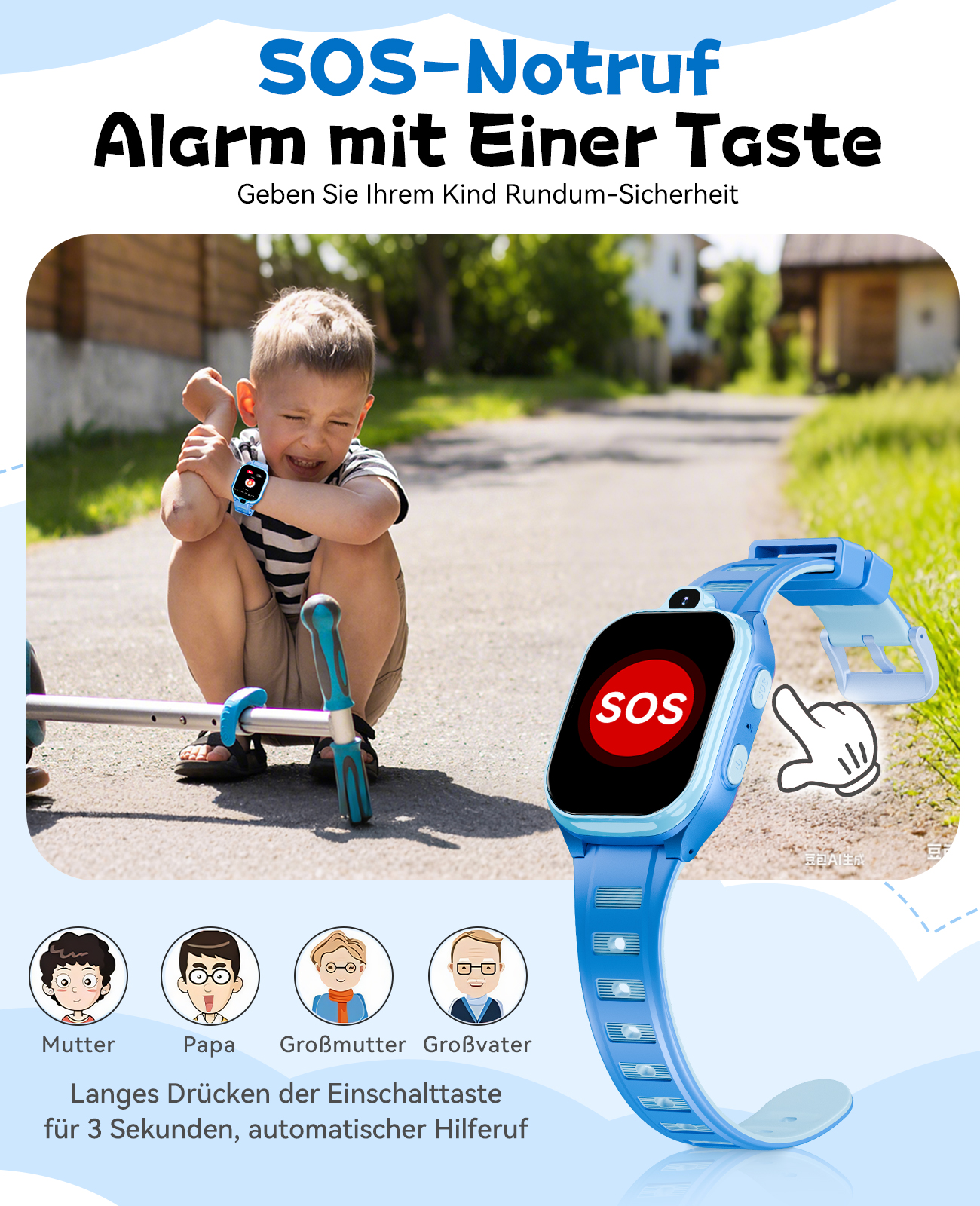 Ein Kind mit einer blauen Smartwatch sitzt am Boden. Die Uhr zeigt 'SOS'. Text bewirbt die Alarmfunktion der Uhr.