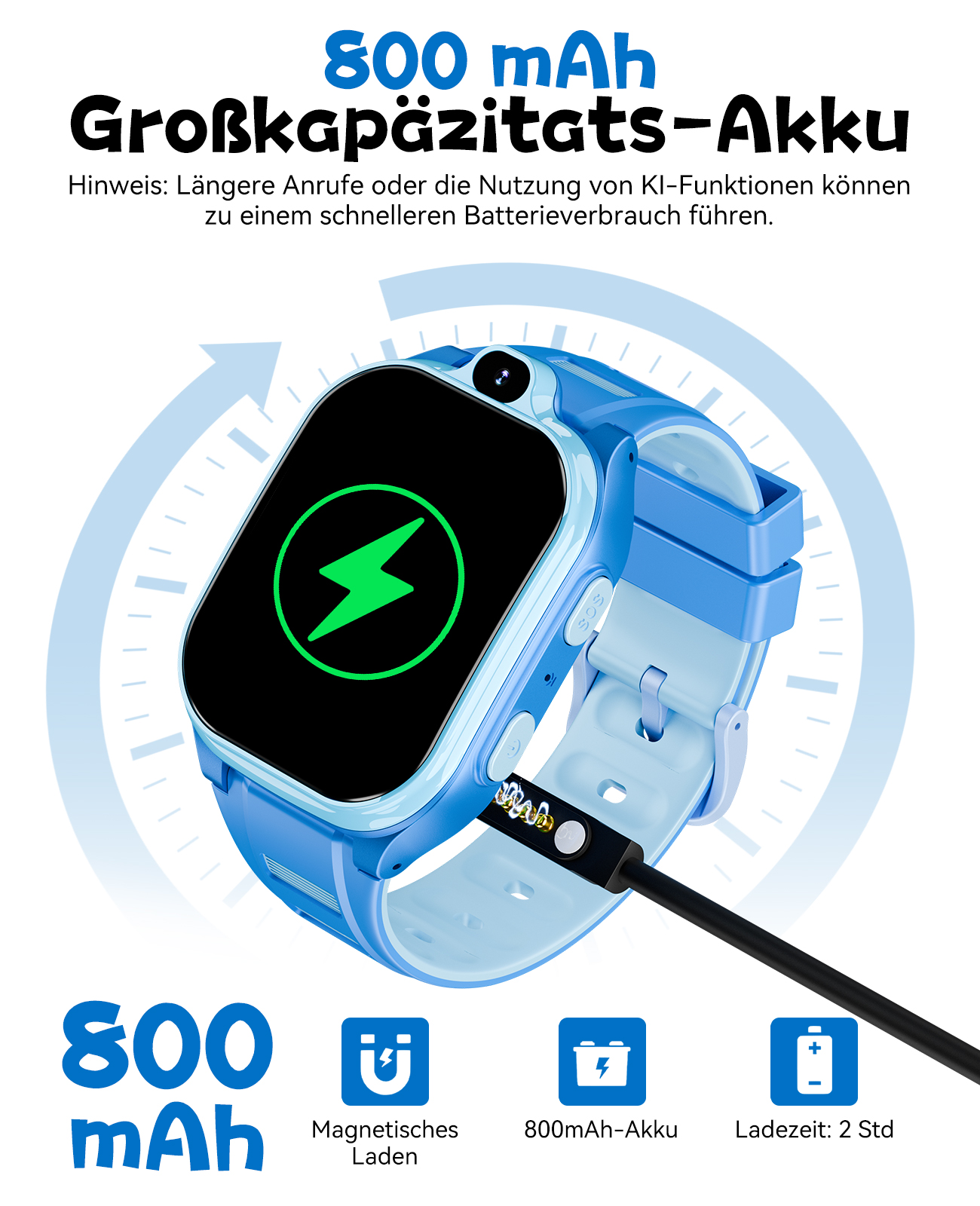 Blaue Smartwatch mit schwarzem Bildschirm, der einen grünen Blitz zeigt, wird geladen. Text zeigt 800 mAh Batterie.