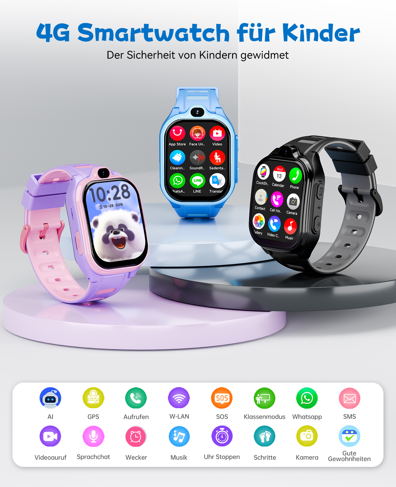 Smartwatches für Kinder in Blau, Schwarz und Lila mit verschiedenen Funktionen, einschließlich Zeitanzeige und App-Symbolen, vor weißem Hintergrund.