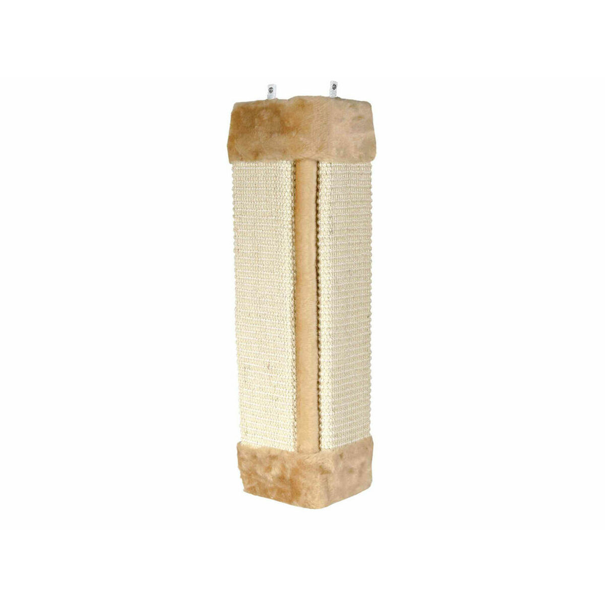 Un rascador rectangular para gatos. Es beige con una franja central y un borde superior/inferior de material marrón claro y esponjoso.