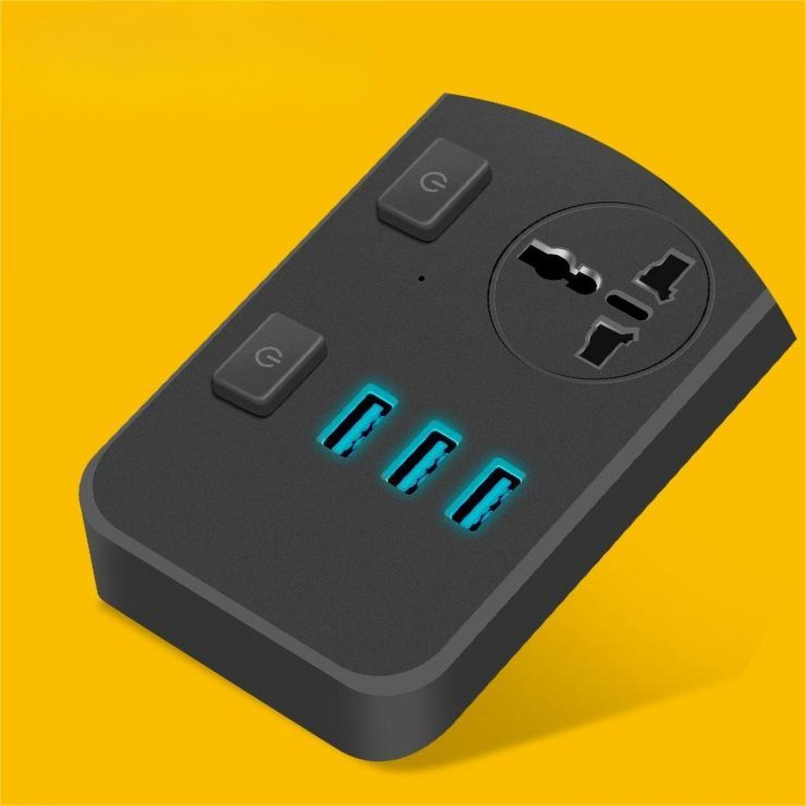 Schwarze Steckdosenleiste mit Ein-/Aus-Taste, Universalsteckdose und drei USB-Anschlüssen. Hintergrund gelb.