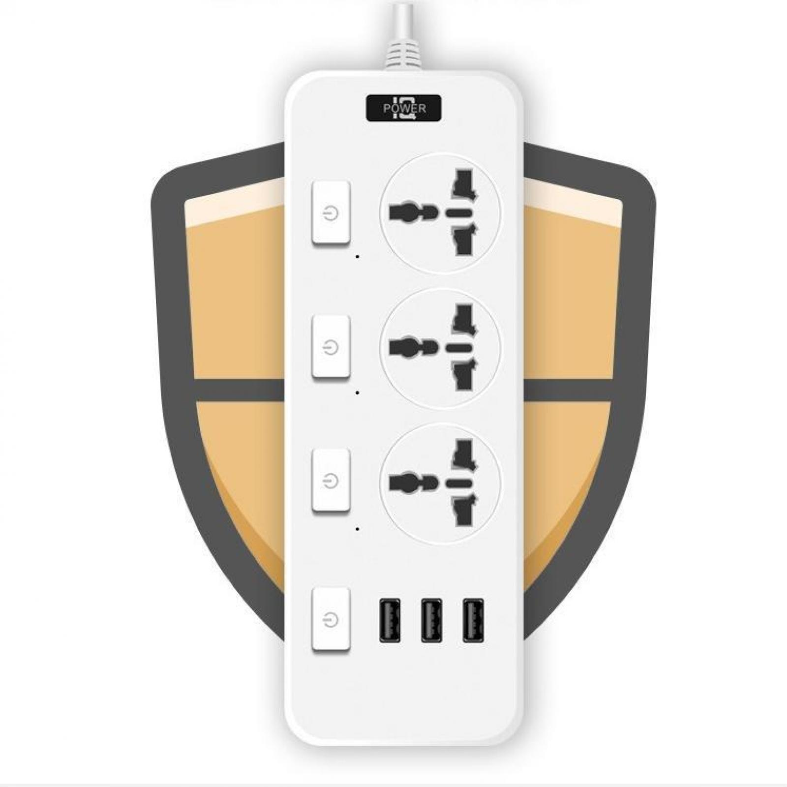 Ein weißes Verlängerungskabel mit mehreren Steckdosen und USB-Anschlüssen, mit einem Ein-/Ausschalter und einem schildförmigen Hintergrund.
