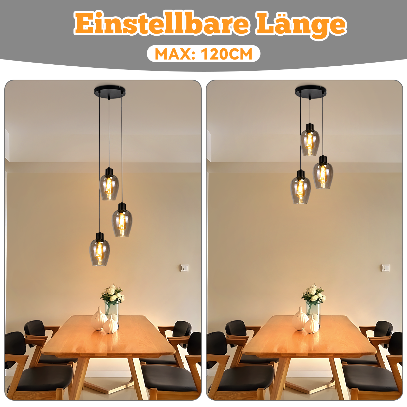 Dos imágenes, cada una mostrando un comedor con mesa, sillas y lámparas colgantes. Una tiene tres luces, la otra dos.