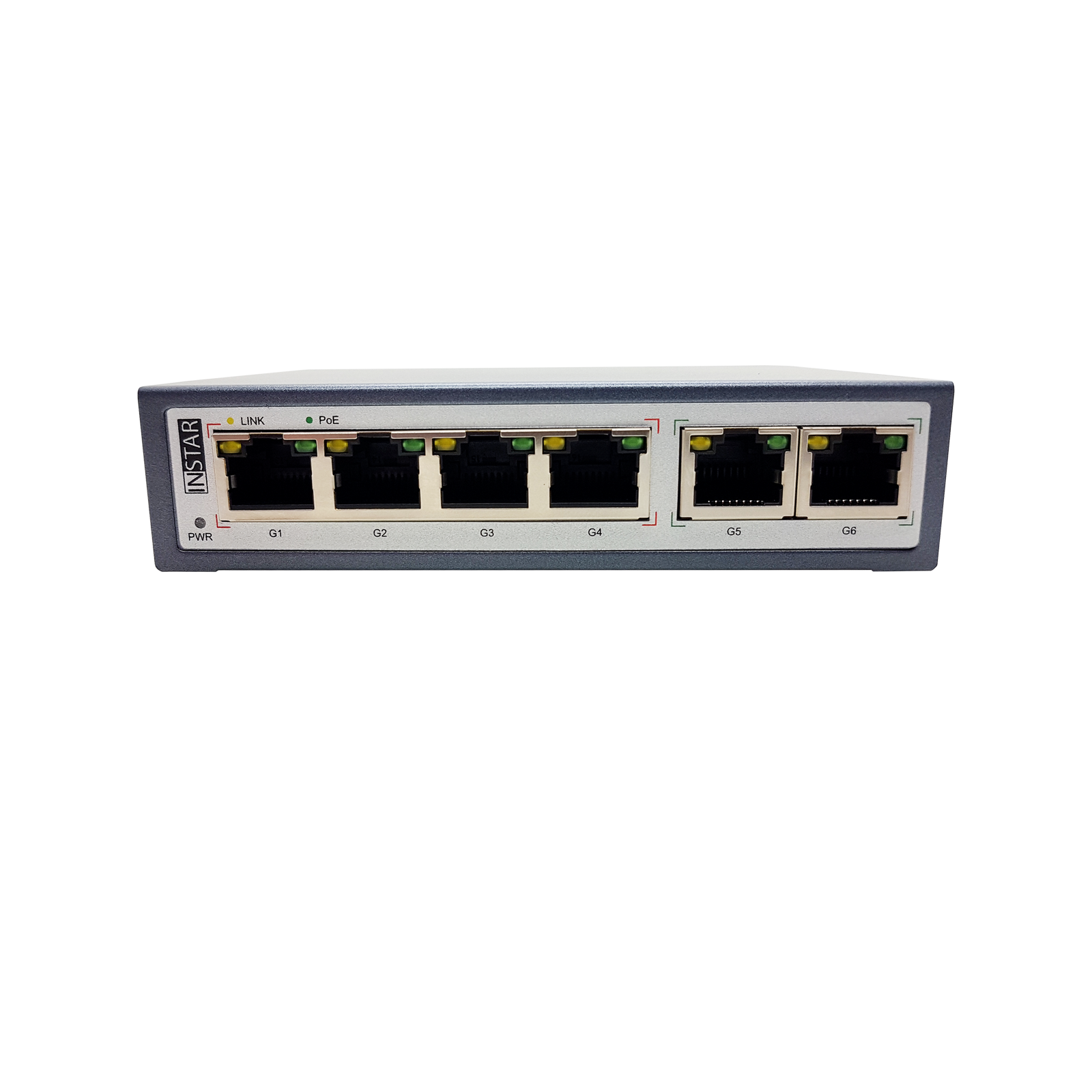 Netzwerk-Switch mit 6 Anschlüssen, Kontrollleuchten und der Marke Instar. Ports sind mit G1 bis G6 beschriftet. Grüne und gelbe Lichter.