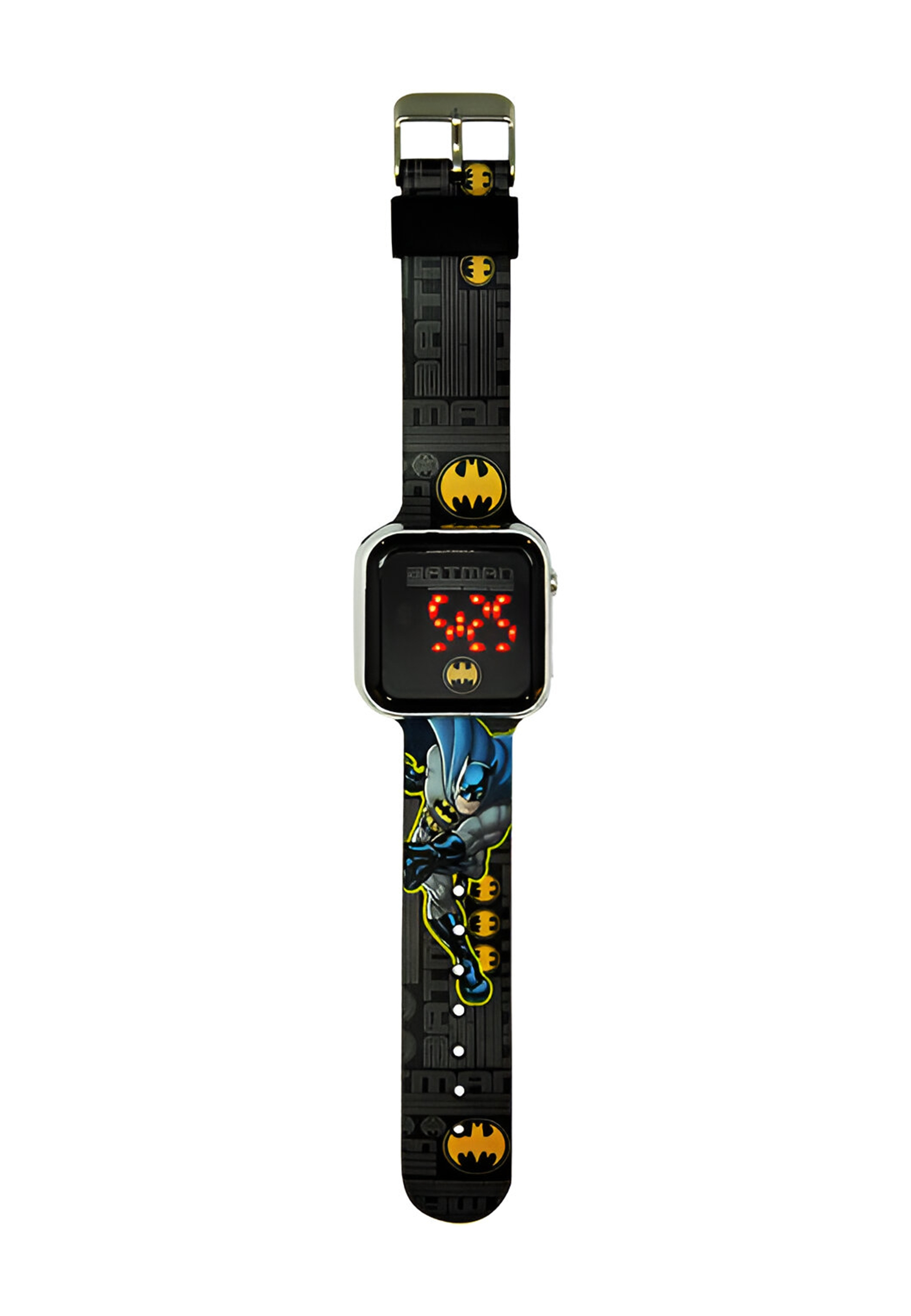 Eine Batman-Uhr mit schwarzem Armband, Batman-Logo und Digitalanzeige. Batman ist auf dem Armband abgebildet.