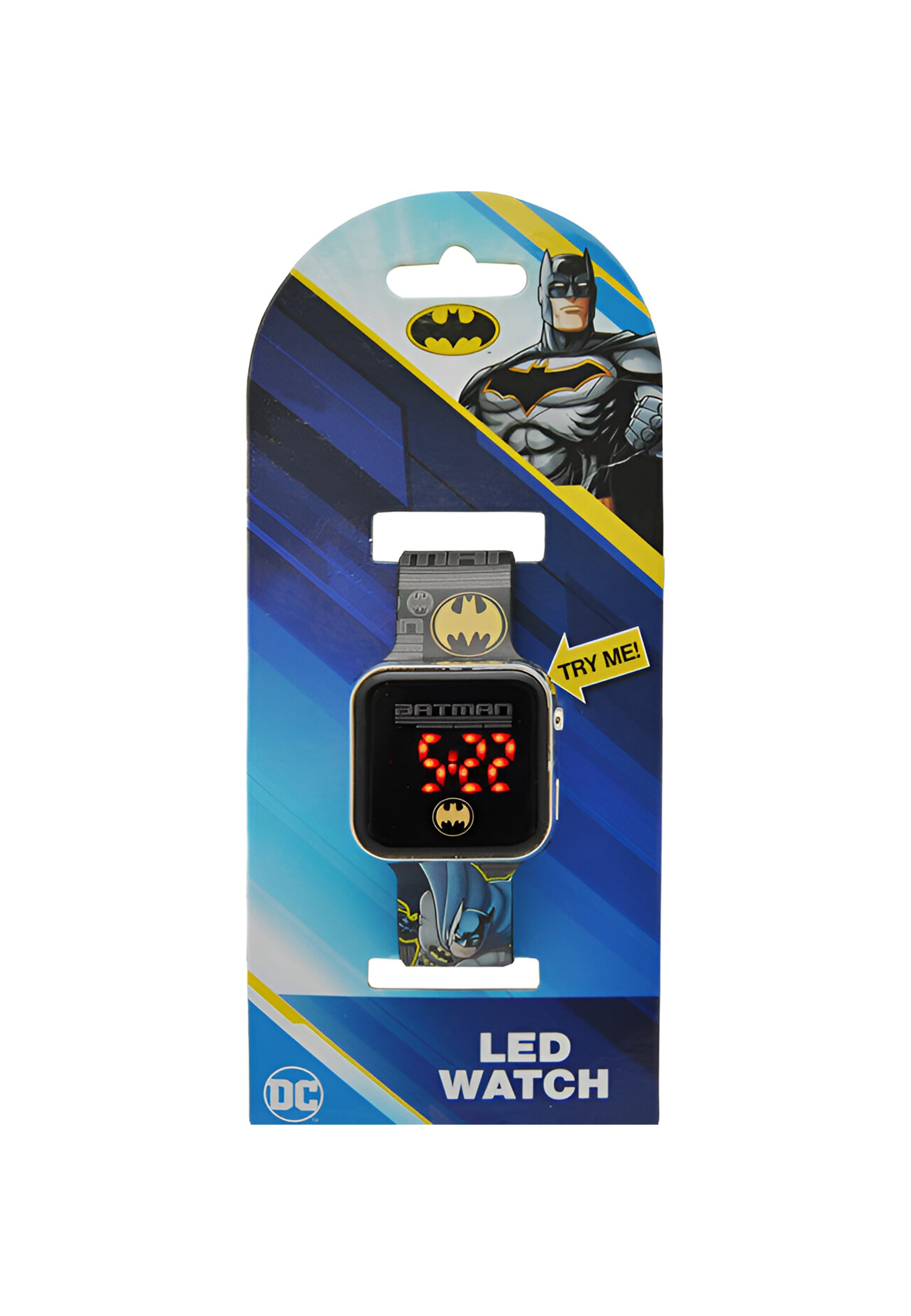 Batman LED-Uhr auf blauem Hintergrund. Die Uhr zeigt 9:22 an. Batmans Logo und Bild sind vorhanden.