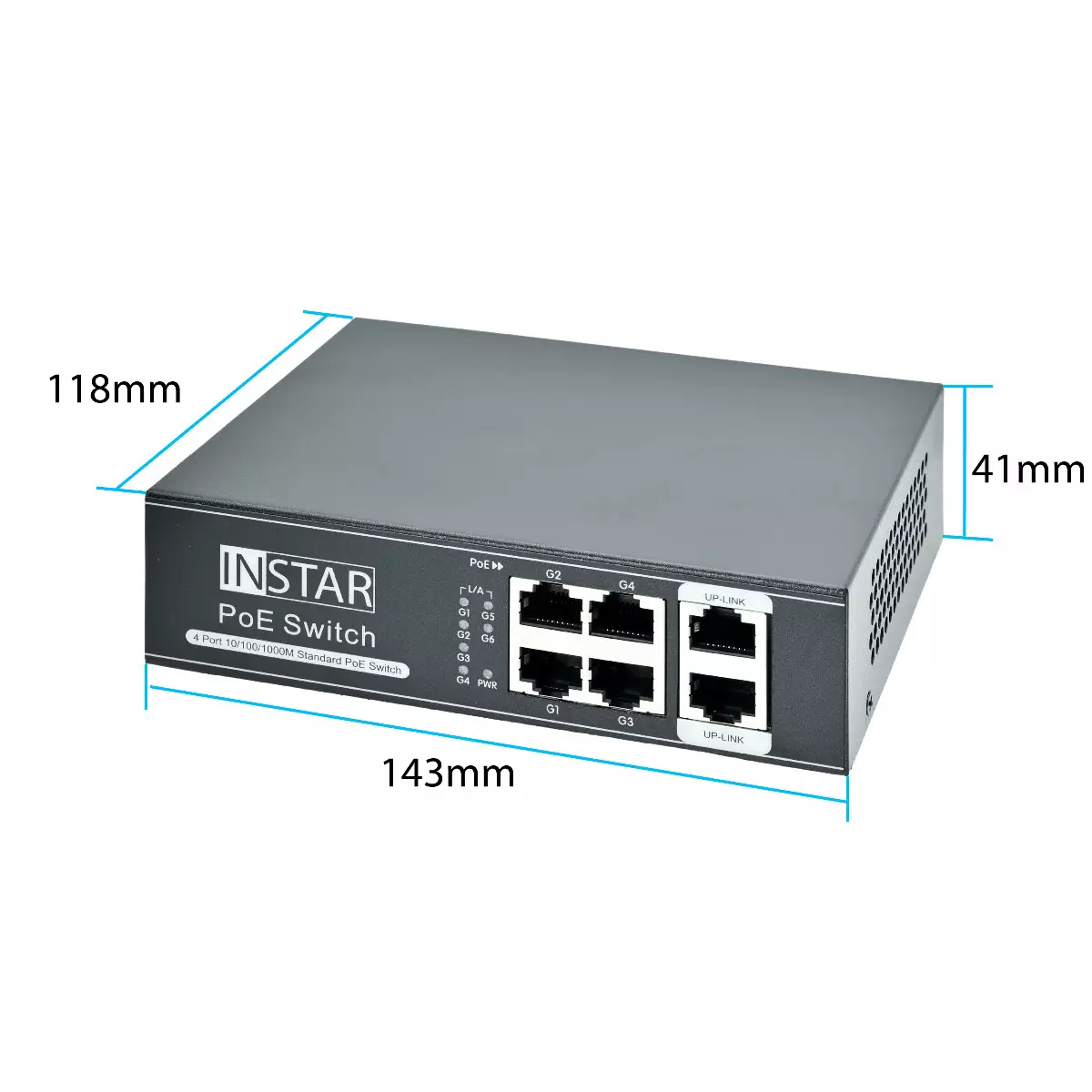 Ein schwarzer Instar PoE Switch mit beschrifteten Abmessungen. Merkmale sind Anschlüsse, LED-Anzeigen und ein 'UP-LINK' Anschluss.