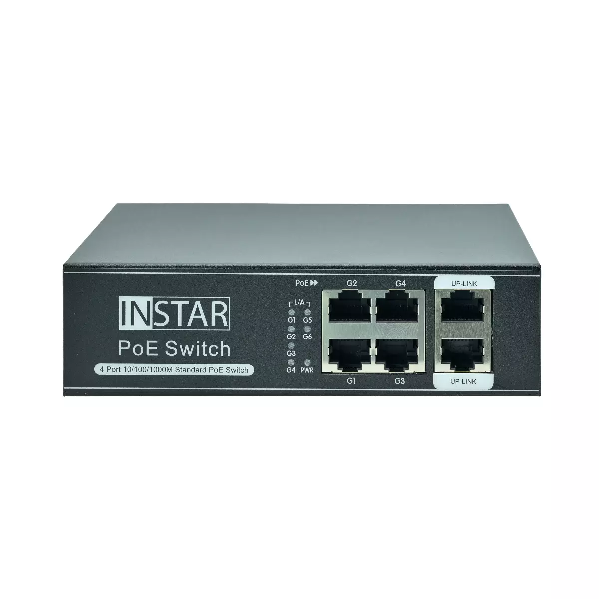 Ein schwarzer INSTAR PoE-Switch mit mehreren Anschlüssen und LED-Anzeigen, beschriftet für Netzwerkverbindungen, vor weißem Hintergrund.