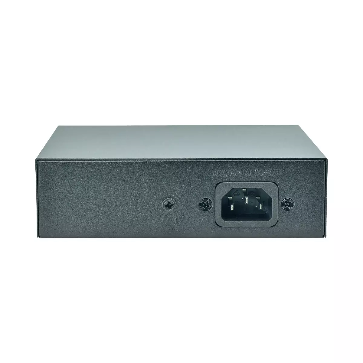 Ein schwarzer Netzwerkswitch auf weißem Hintergrund. Es hat einen Stromanschluss und Schraubendetails. AC100-240V 50/60Hz Text ist sichtbar.