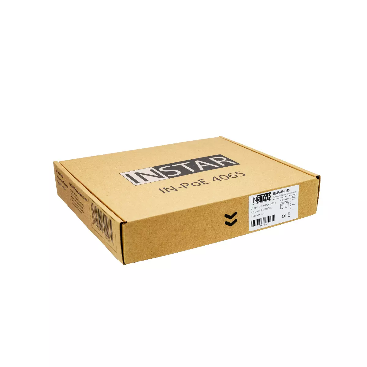 Ein Karton mit dem Logo INSTAAR IN-PoE 4065. Die Schachtel ist braun und hat Text und einen Barcode auf der Seite.