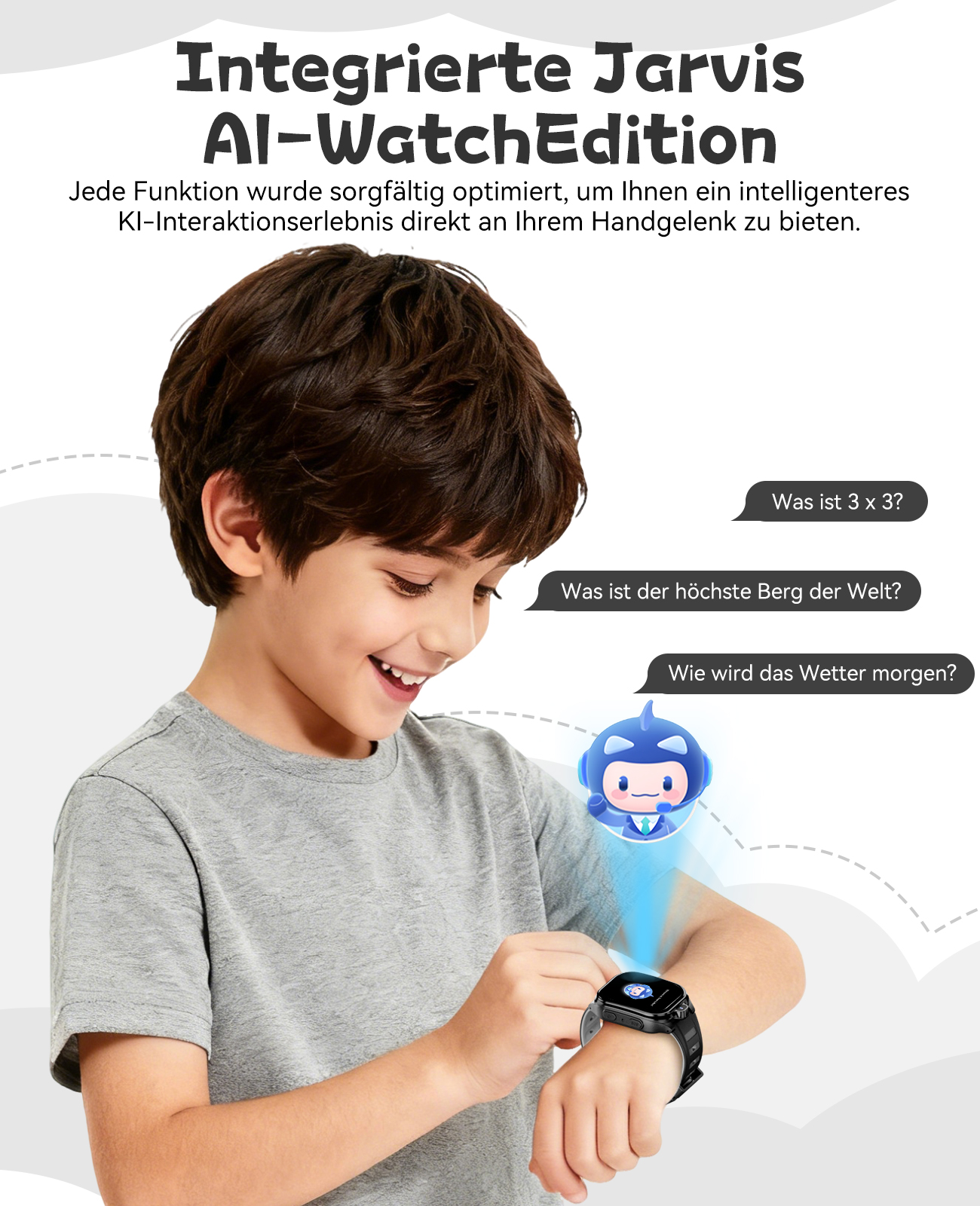 Ein Junge lächelt und betrachtet eine Smartwatch mit einem Cartoon-KI. Text sagt: „Integrierte Jarvis Al-WatchEdition“.