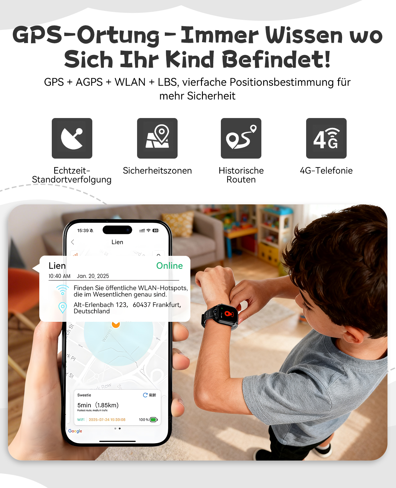 Ein Junge, der eine Smartwatch prüft, zeigt eine Karte, in der Nähe eines Telefons, das den Standort anzeigt. Text oben: GPS-Ortung für Kindersicherheit.