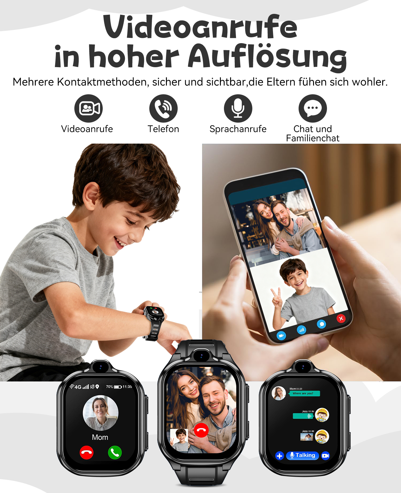 Ein Kind lächelt und schaut auf eine Smartwatch, die einen Videoanruf zeigt. Andere Smartwatches zeigen Videoanrufe und einen Telefonbildschirm.