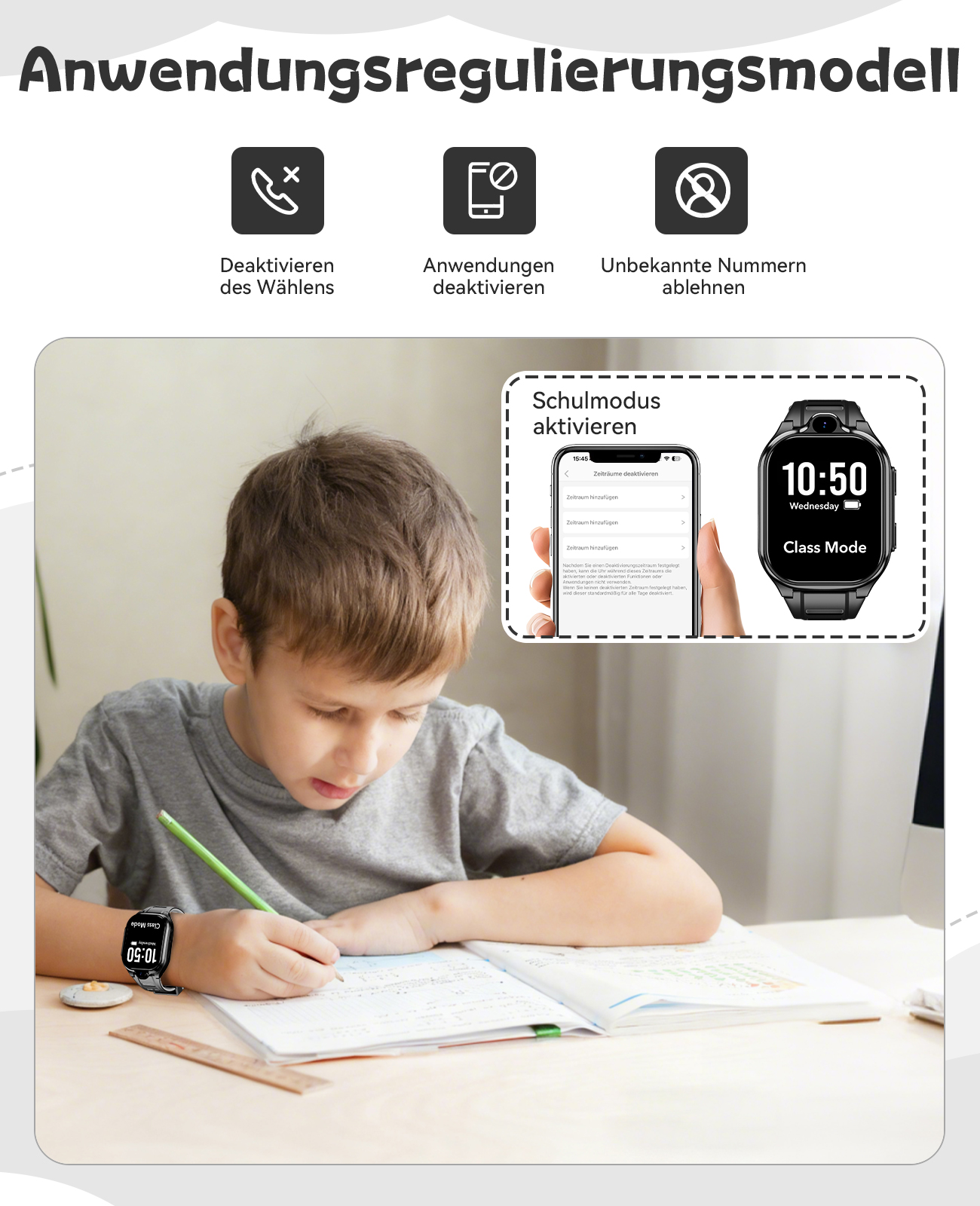 Ein Junge schreibt in ein Notizbuch. Am Handgelenk ist eine Uhr, die die Zeit anzeigt, und ein Telefonbildschirm zeigt Schuleinstellungen.