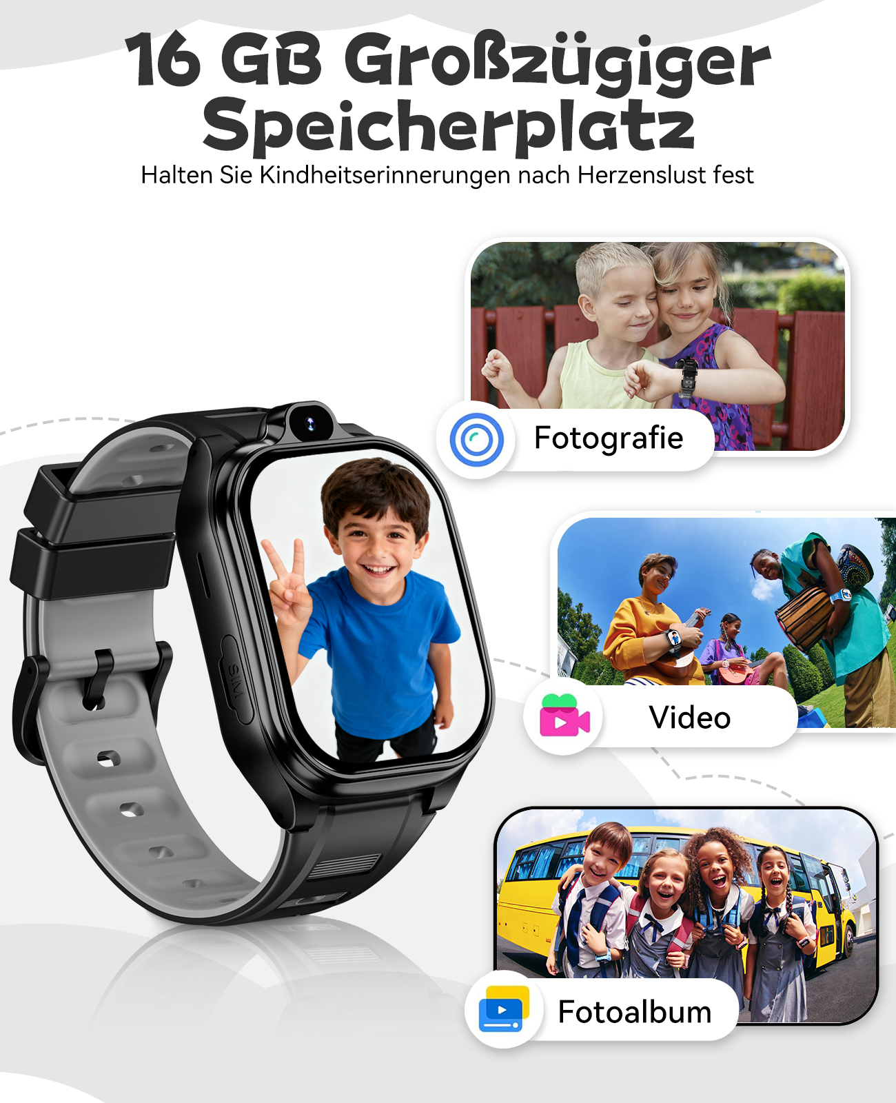 Eine Smartwatch zeigt Fotos und Videos. Ein Kind lächelt mit Peace-Zeichen. Kinder schauen auf eine Smartwatch. Ein Schulbus ist vorhanden.