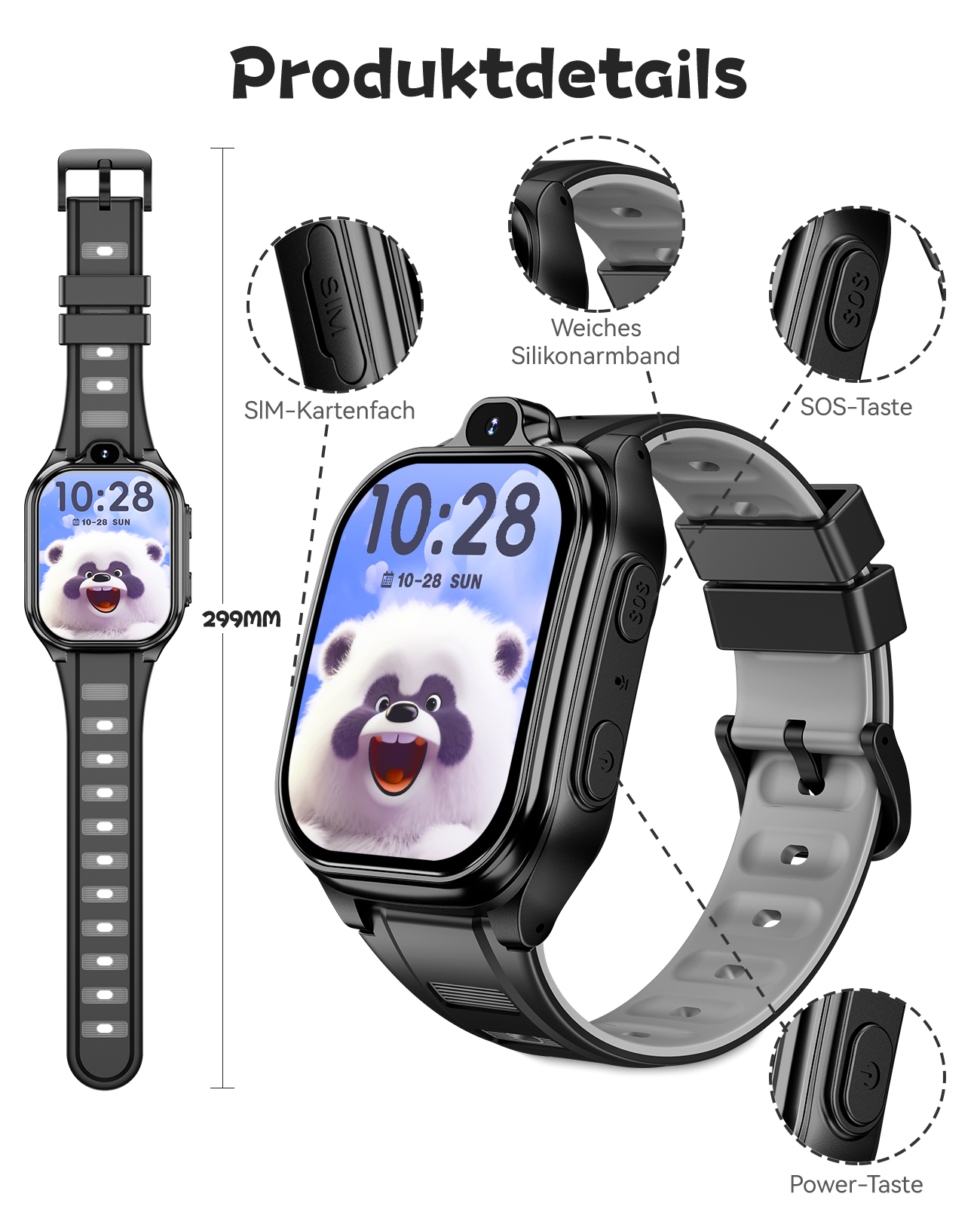 Eine schwarze Smartwatch mit Pandagesicht auf dem Bildschirm, SOS-Taste, SIM-Steckplatz und Power-Taste. Produktdetails werden gezeigt.