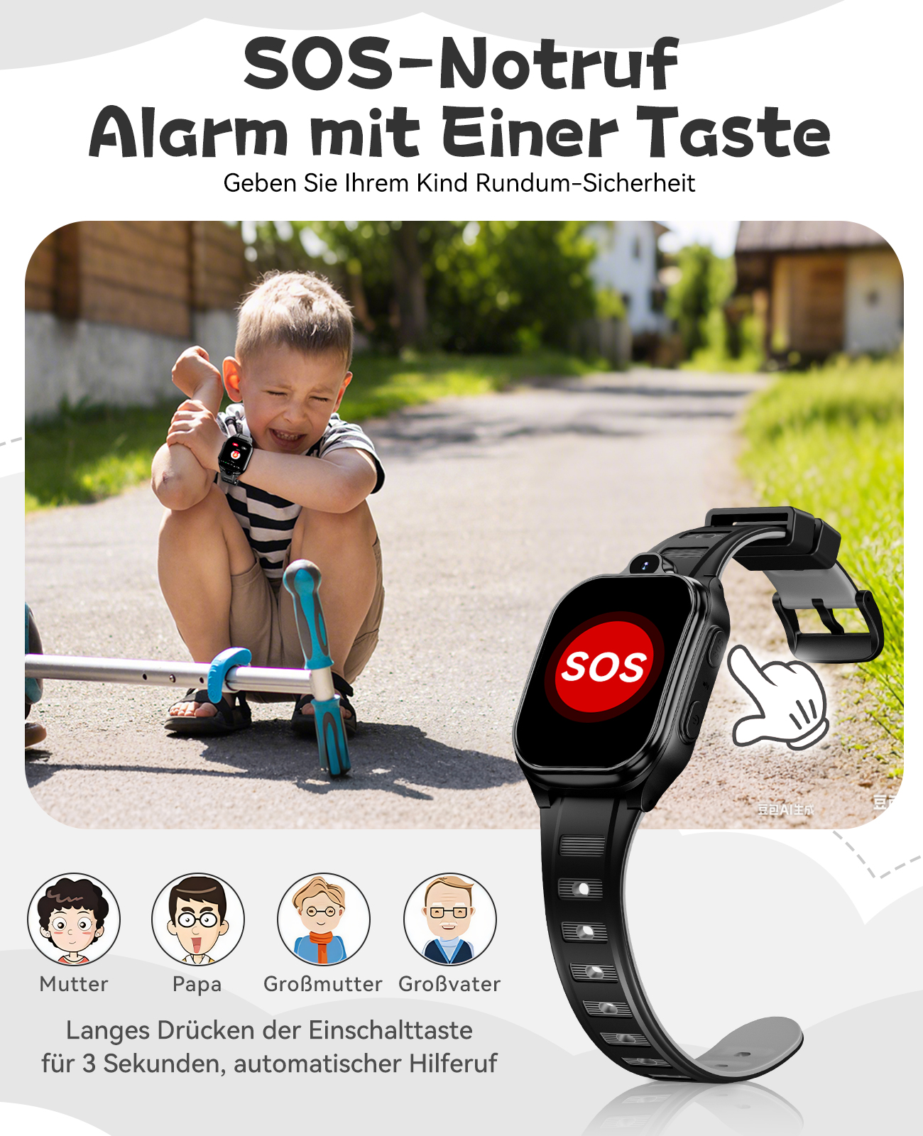 Ein Junge mit einer Smartwatch mit SOS-Funktion. Die Uhr ist schwarz mit roter SOS-Taste. Der Junge sitzt auf dem Boden.