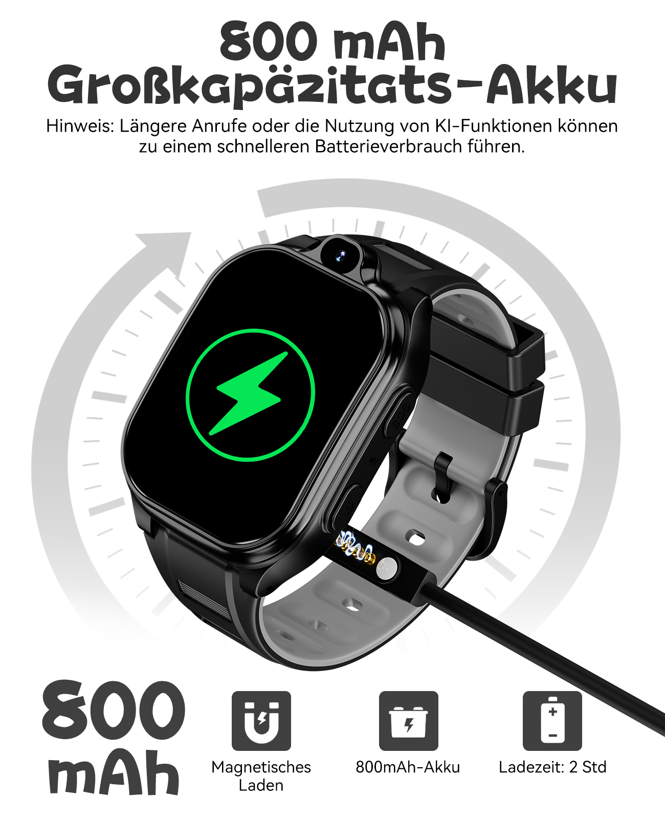 Eine schwarze Smartwatch mit grünem Blitz auf dem Bildschirm wird geladen. Sie hat ein graues Armband und Text mit 800 mAh Akku.