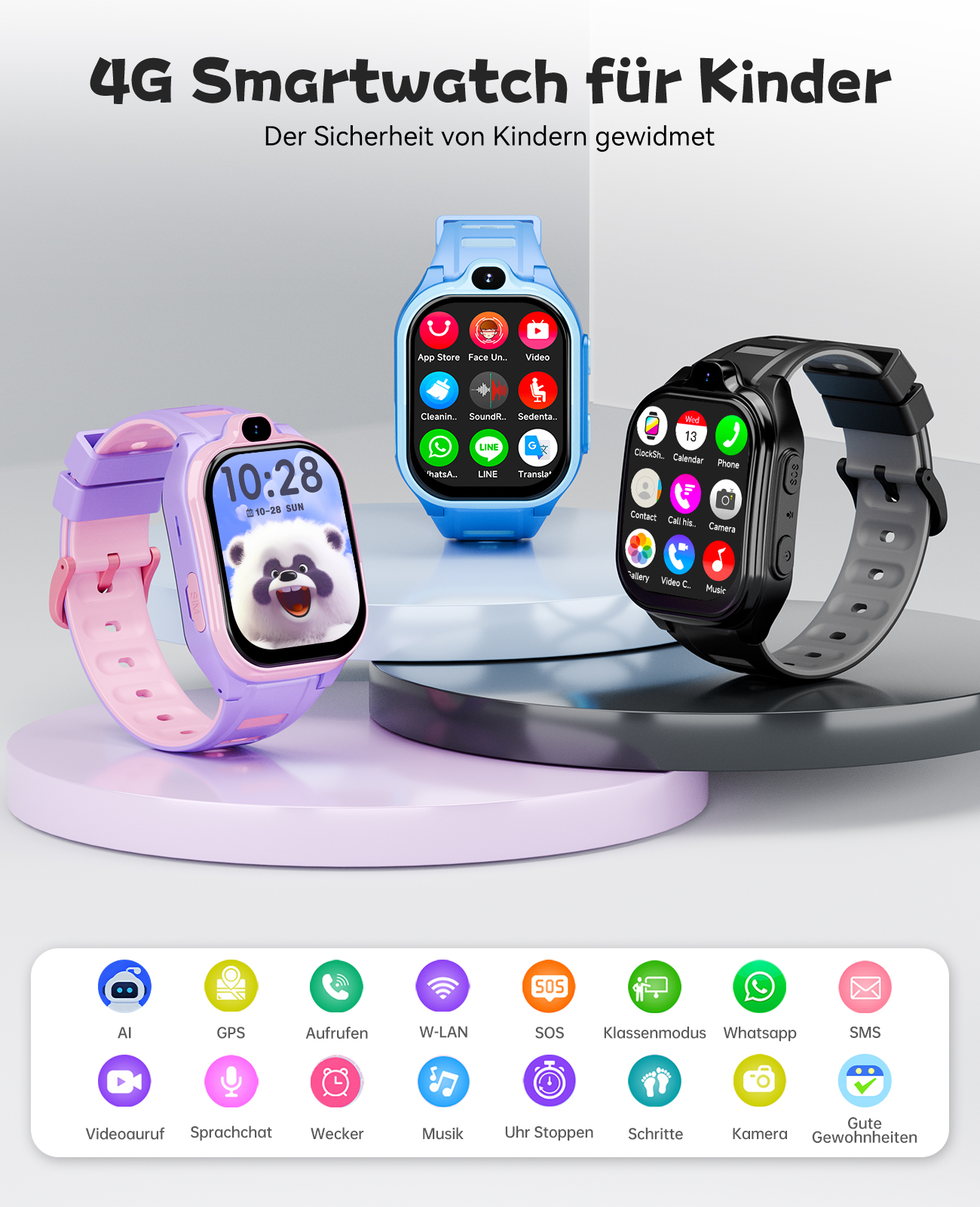 Smartwatches für Kinder in verschiedenen Farben. Jede Uhr hat verschiedene Apps auf dem Bildschirm.