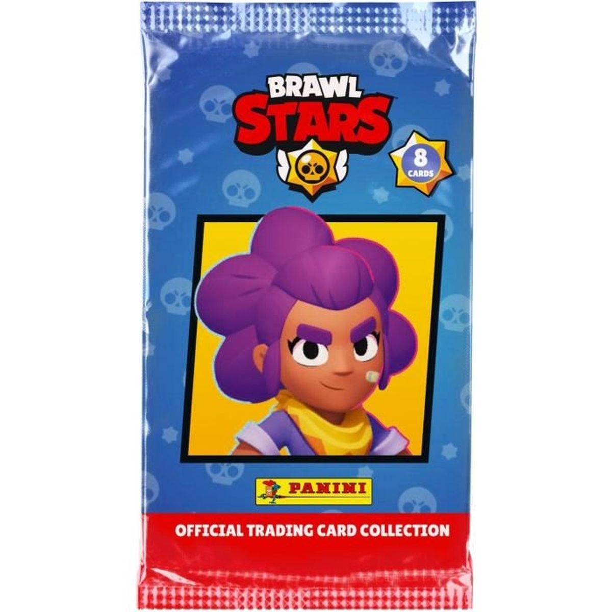Brawl Stars Sammelkartenpackung. Enthält eine lila-haarige Figur auf gelbem Grund. Enthält '8 Karten' und 'Panini'-Logos.
