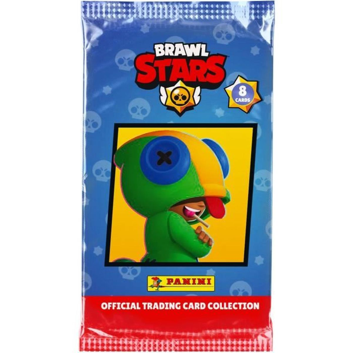 Eine Brawl Stars Sammelkartenpackung. Sie zeigt einen grünen Charakter, das Brawl Stars Logo und sagt '8 Karten'. Die Packung ist in einer blauen Hülle.