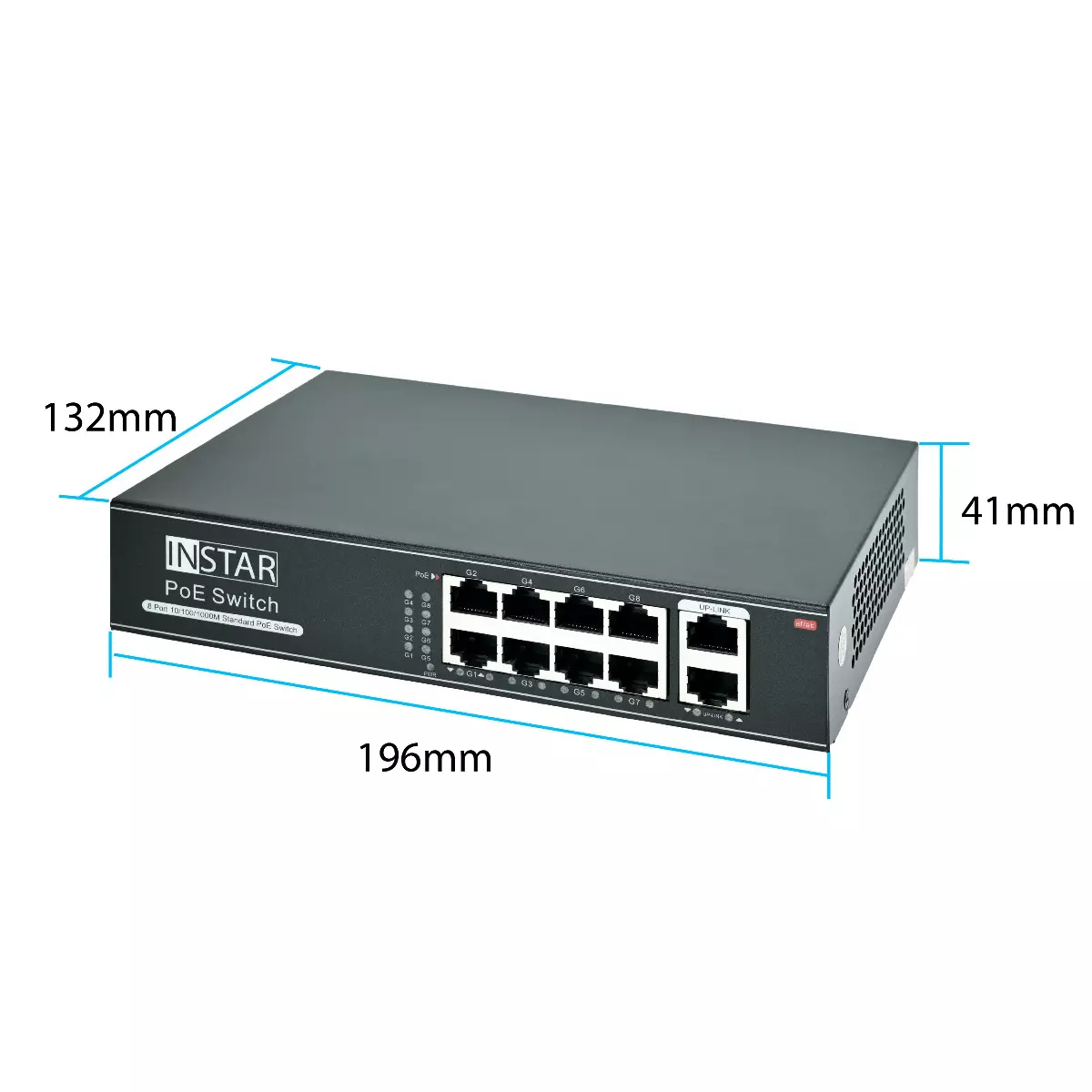 Ein schwarzer INSTAR PoE-Switch mit mehreren Anschlüssen, beschriftet mit G1-G8 und UP-LINK, mit den Abmessungen 196 mm x 132 mm x 41 mm.