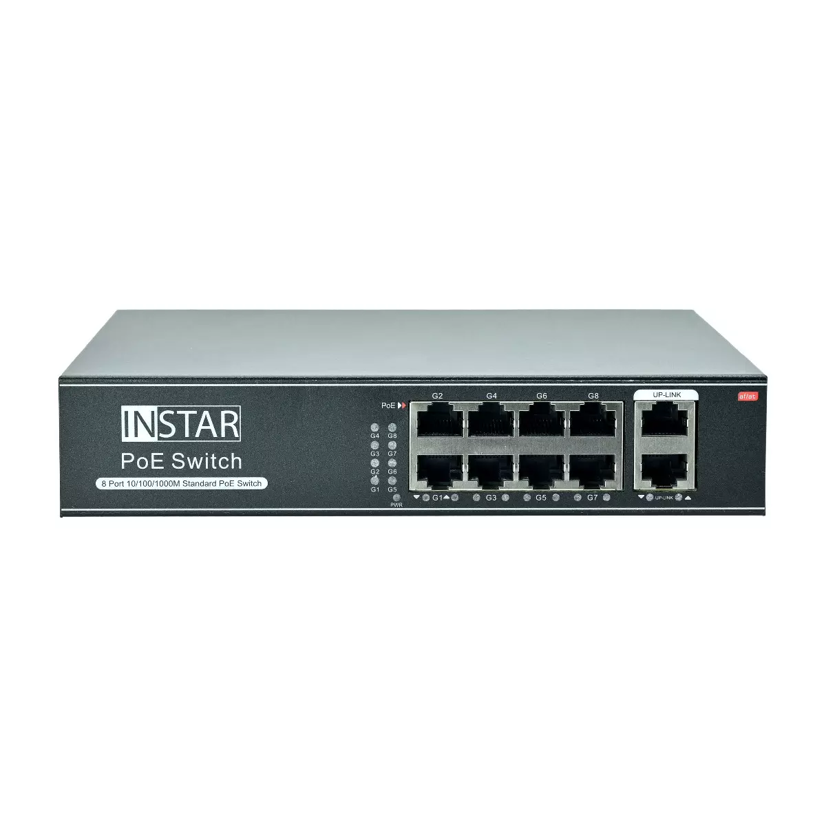 Ein schwarzer Instar PoE-Switch. Er hat 8 Anschlüsse, Kontrollleuchten und UP-LINK-Anschlüsse. Text: 8 Port 10/100/1000M Standard PoE Switch.