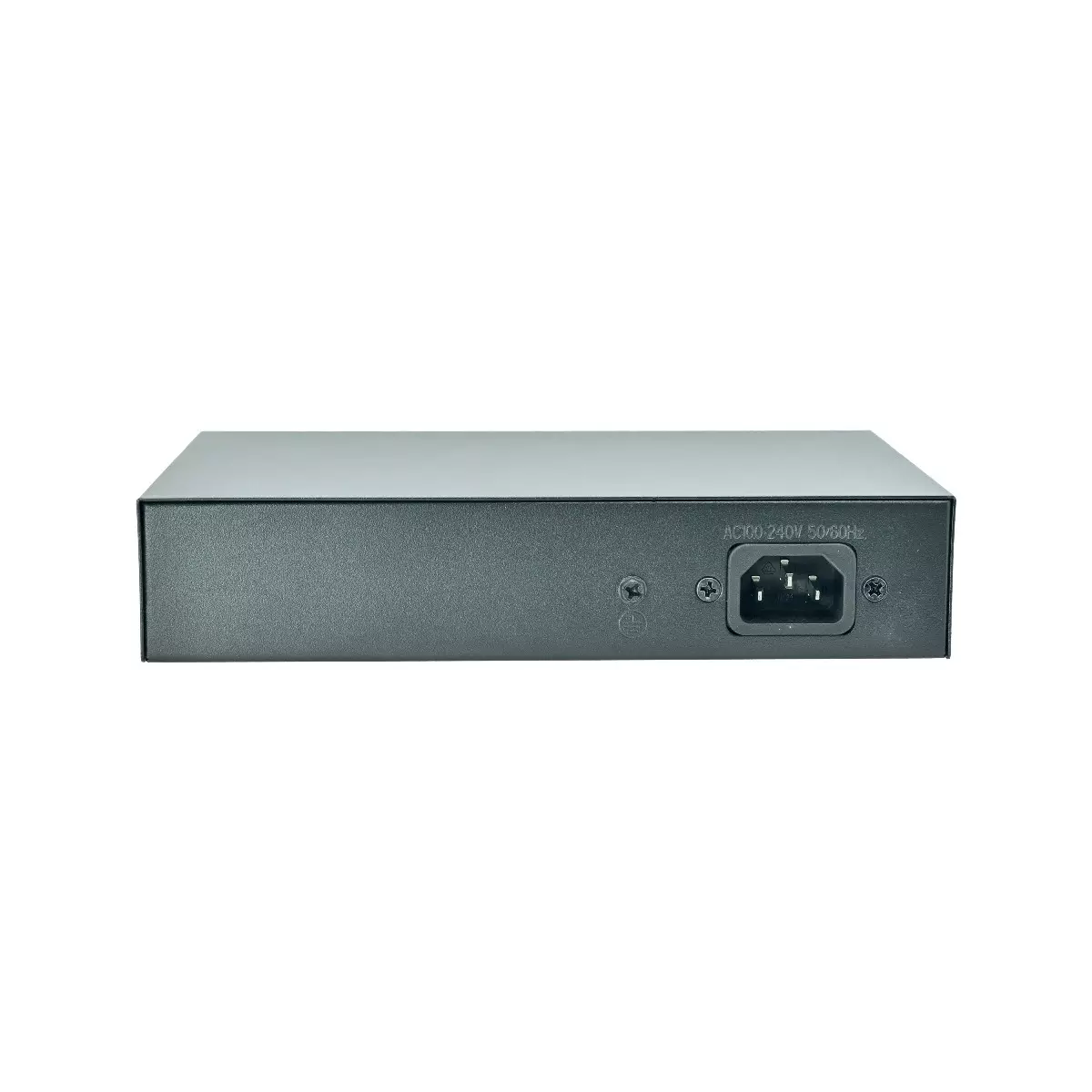Ein schwarzer Netzwerk-Switch mit Stromanschluss. Der Switch hat ein Etikett mit AC100-240V 50/60Hz.