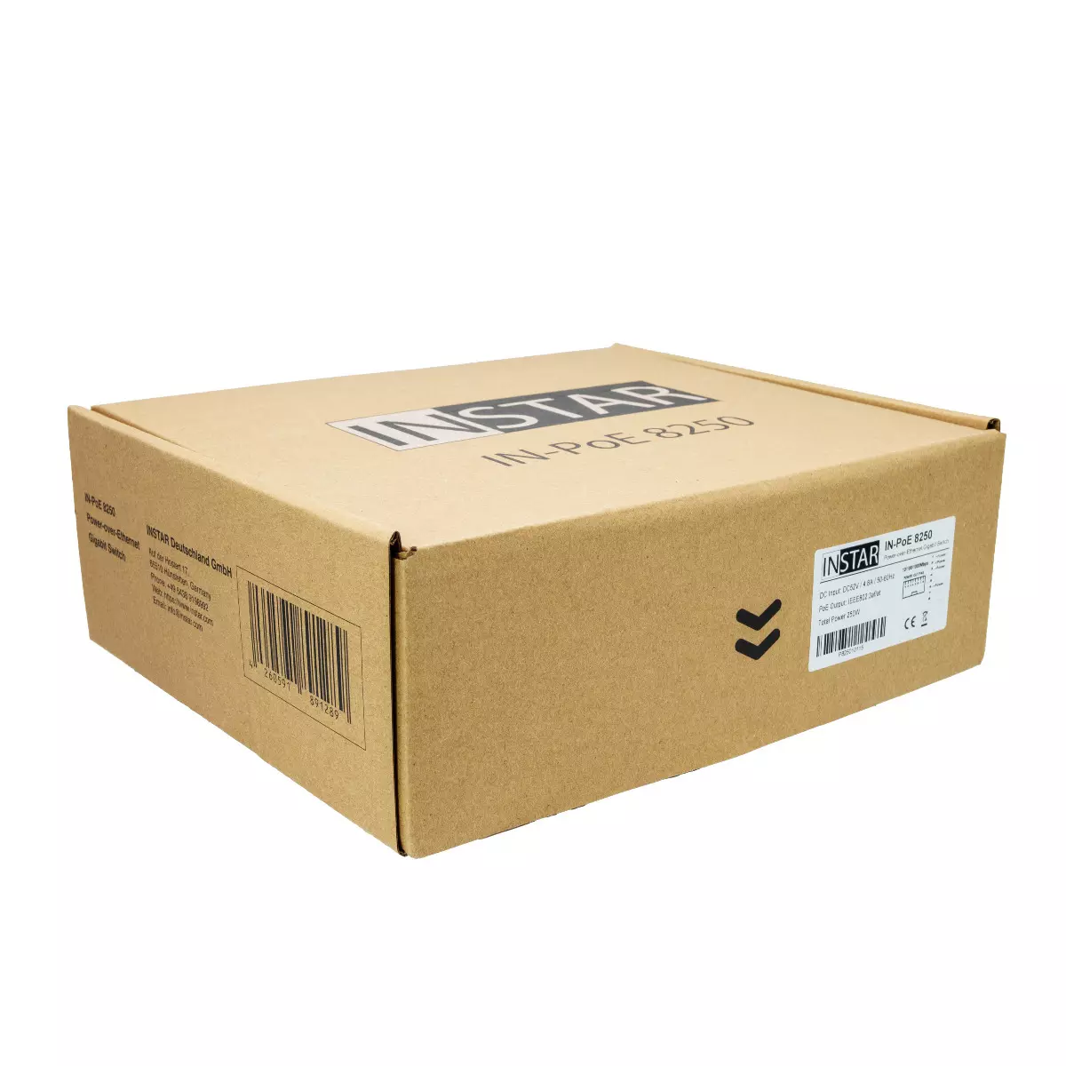 Ein Pappkarton mit der Aufschrift 'INSTAR IN-POE 8250'. Es gibt auch andere Texte und Logos auf der Box.