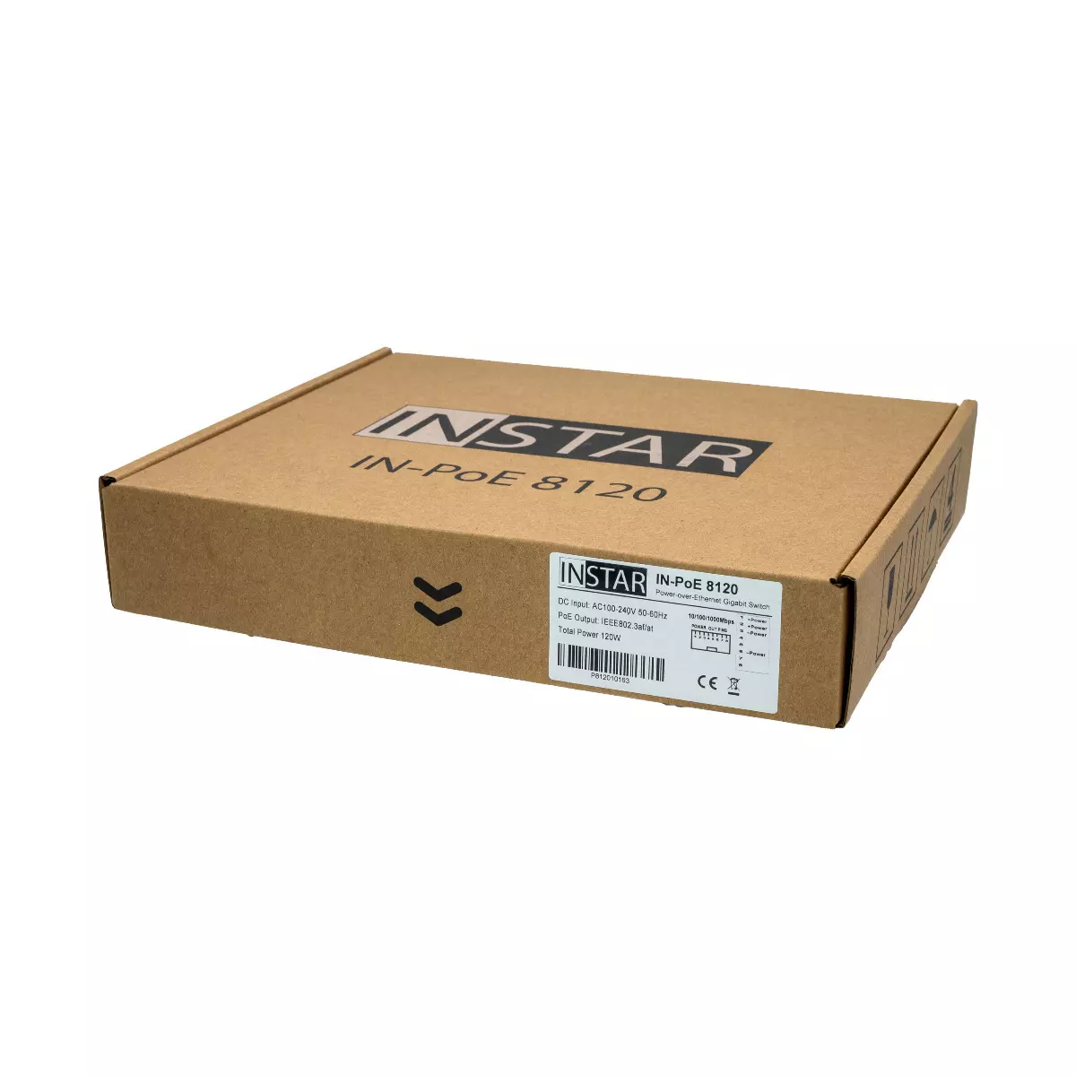 Ein Karton mit der Aufschrift INSTAR IN-PoE 8120. Enthält Produktinformationen und Spezifikationen.