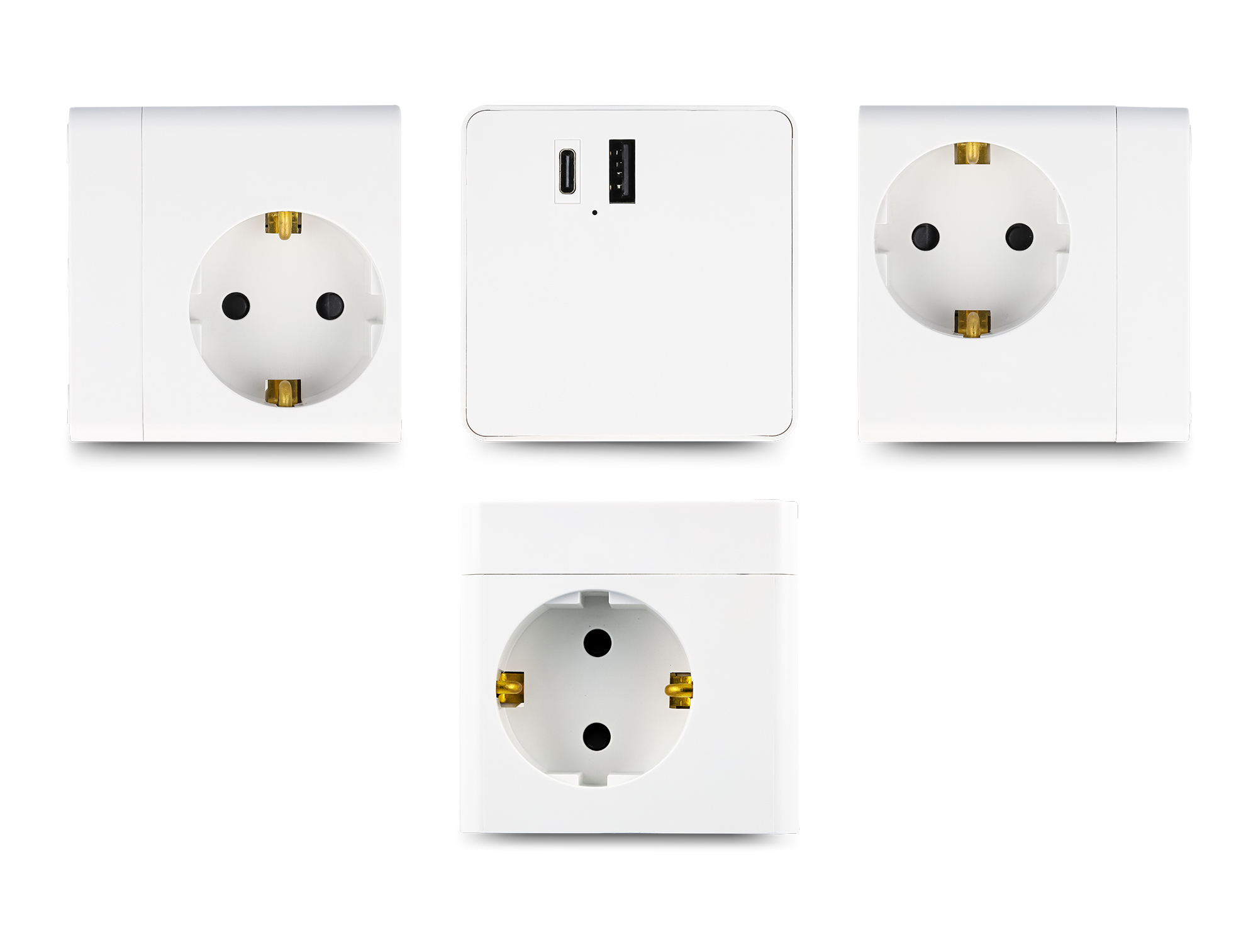 Adattatore di alimentazione bianco con più viste che mostrano una presa, porte USB e una porta USB-C.