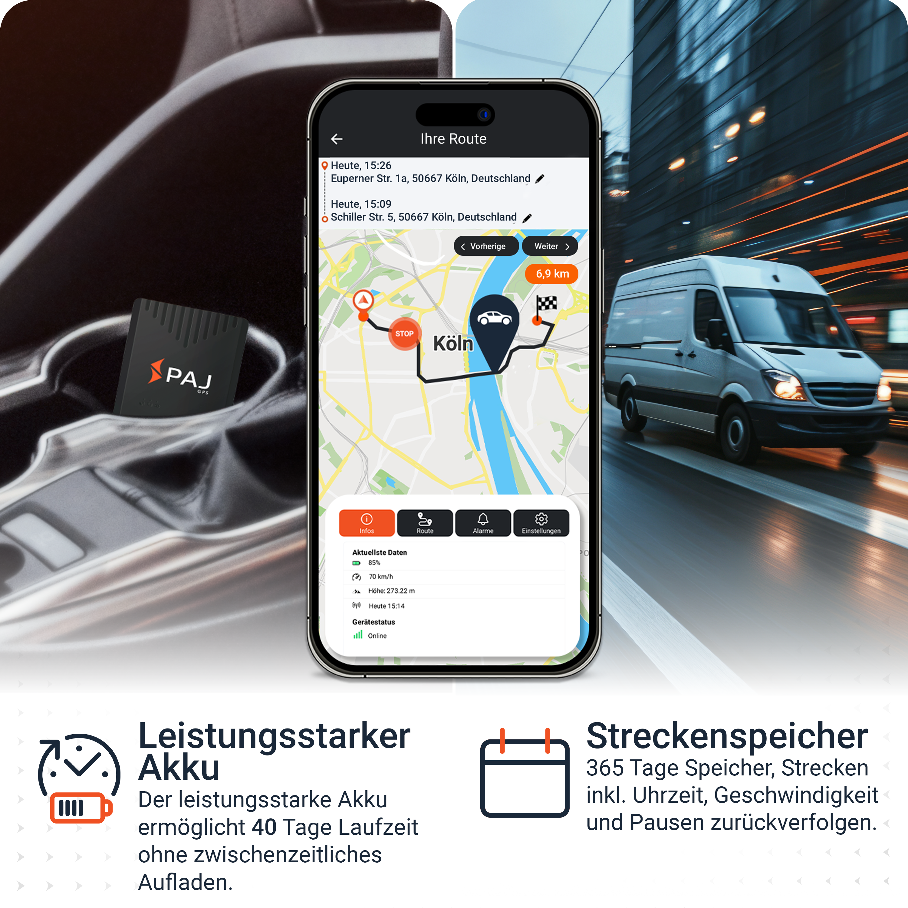 Ein Telefon zeigt eine Kartenroute an. Ein schwarzes Gerät mit PAJ-Logo liegt in der Konsole eines Autos. Ein Transporter fährt.