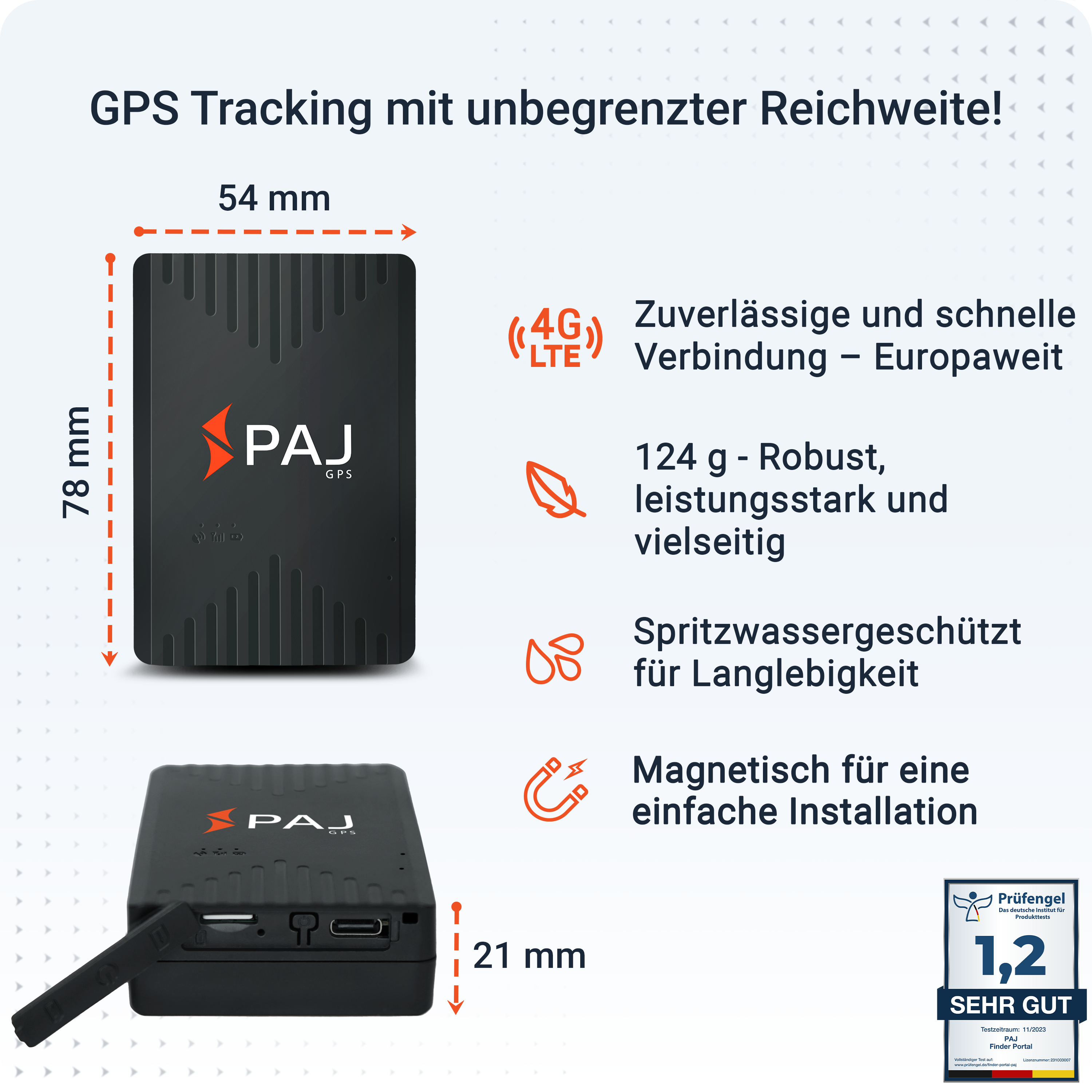 Schwarzer GPS-Tracker mit Logo, Abmessungen und Text, der seine Eigenschaften und eine Bewertung beschreibt.