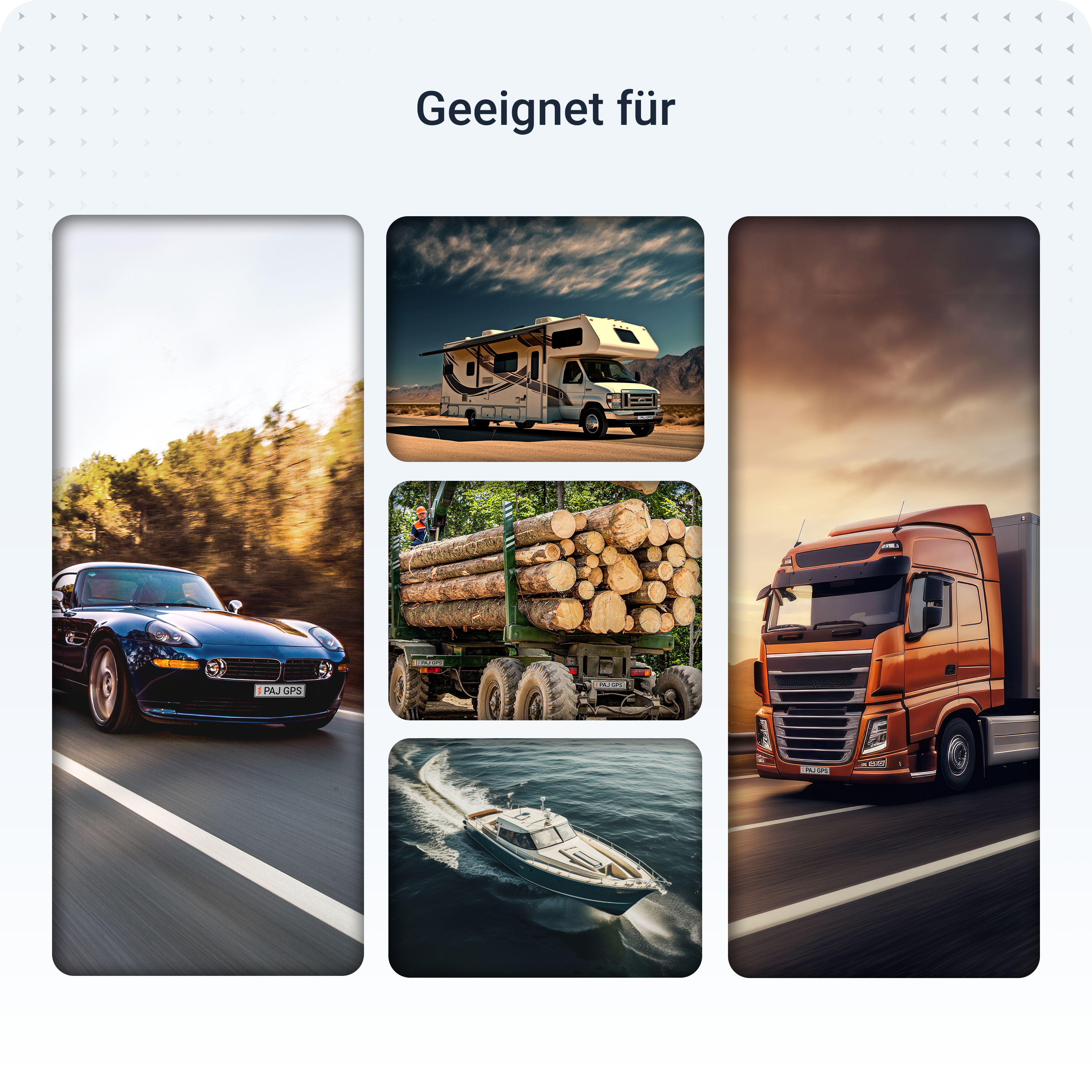 Das Bild zeigt ein Auto, ein Wohnmobil, einen LKW, ein Boot und einen LKW mit Baumstämmen.