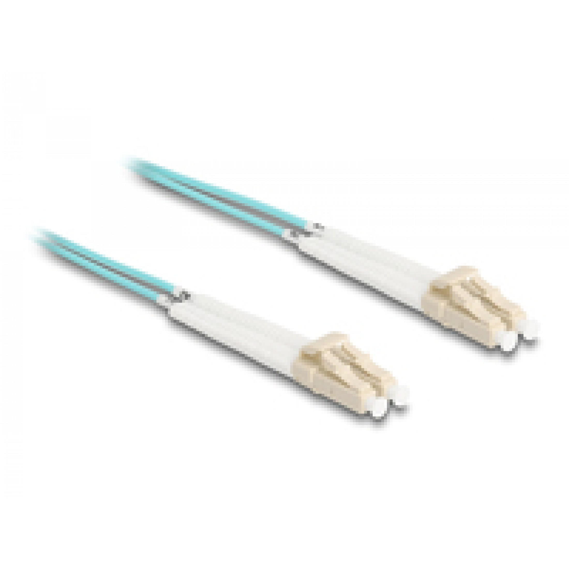 Due connettori in fibra ottica con corpi bianchi, estremità beige e cavi azzurri, su sfondo bianco.