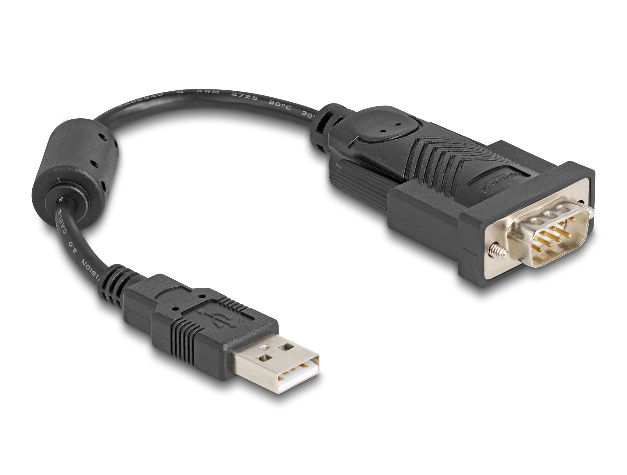 Cavo adattatore da USB a seriale nero. Un'estremità è USB, l'altra un connettore D-sub a 9 pin. Sfondo bianco.