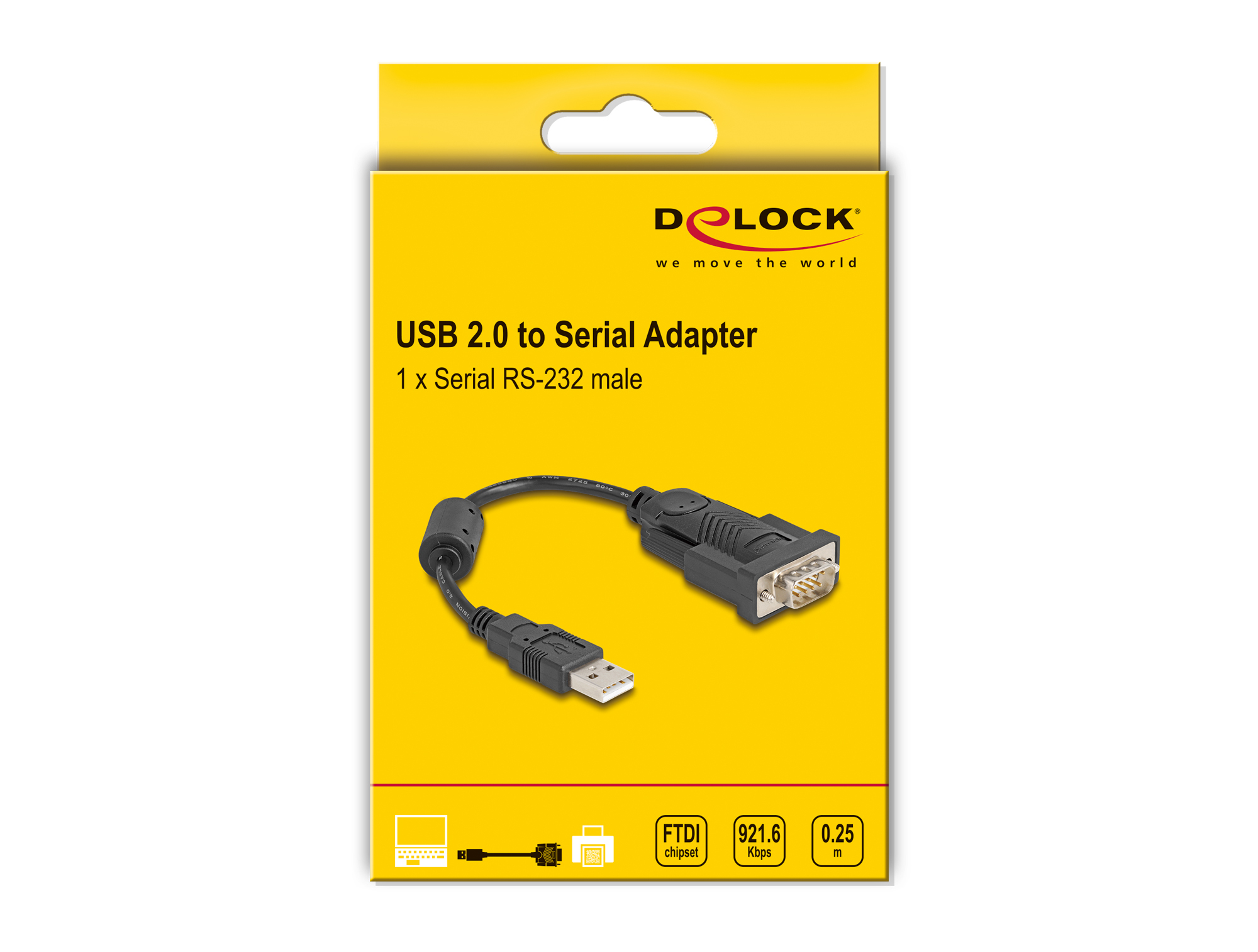 Scatola con adattatore USB 2.0 a seriale. Cavo nero collega USB e porta seriale.