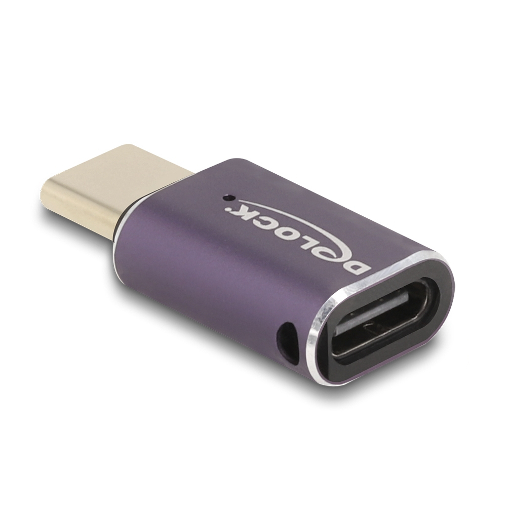 Ein lila-silberner USB-Adapter mit einem USB-C- und USB-Anschluss. Die Marke "Delock" ist auf dem Adapter aufgedruckt.