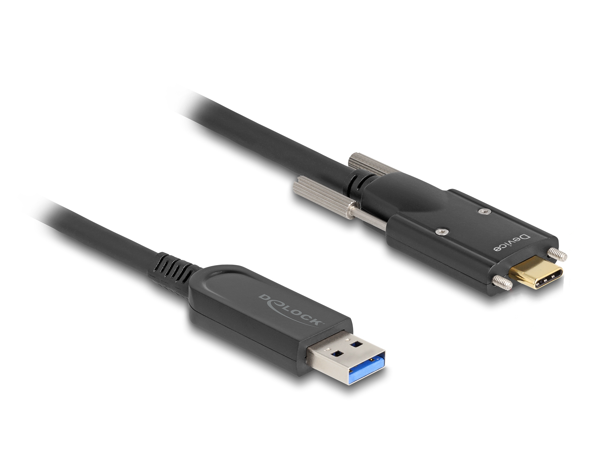 Un cavo nero da USB-C a USB-A. Un'estremità ha un connettore USB-A, l'altra un USB-C e un connettore per dispositivi più grande.