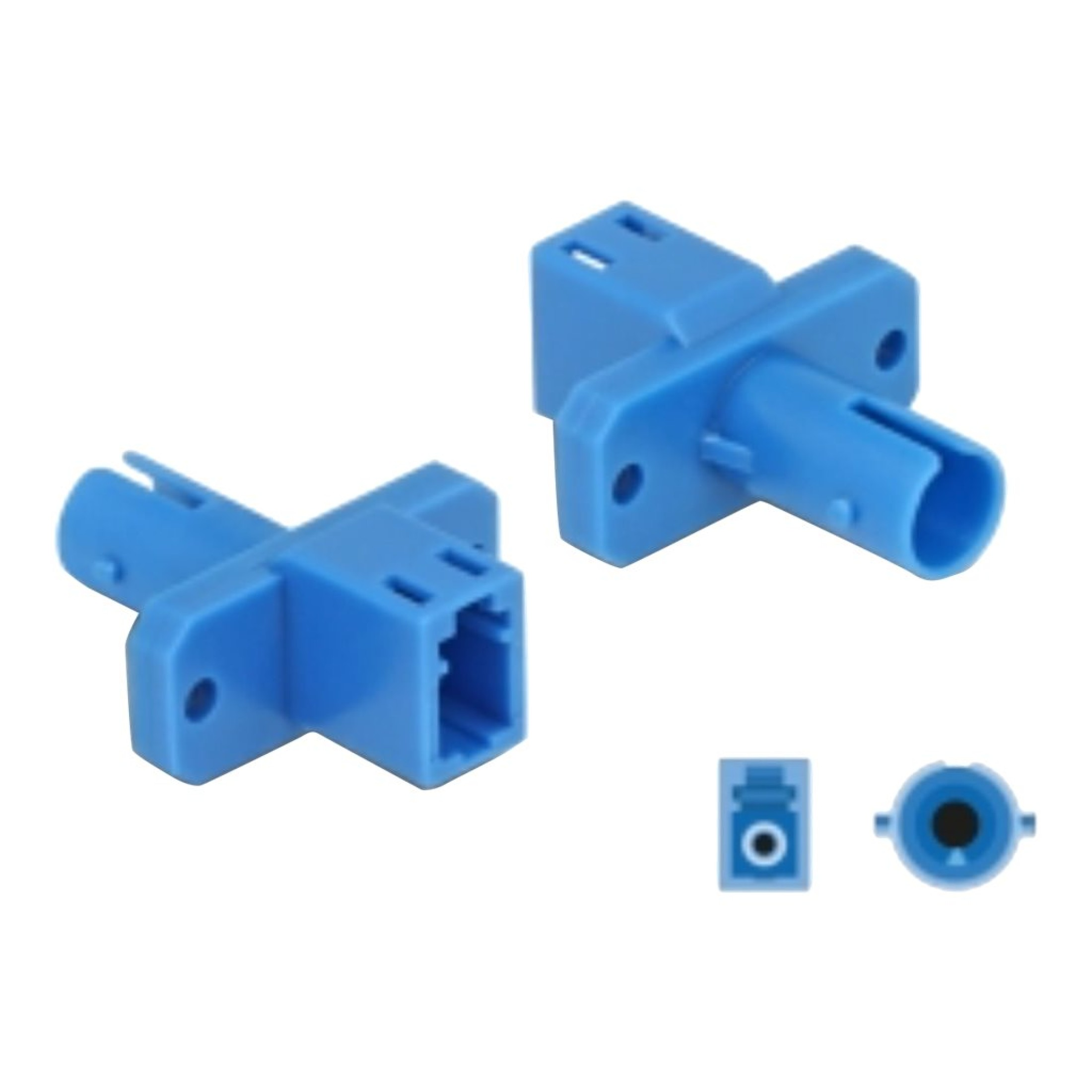 Due adattatori in plastica blu per fibra ottica, uno con porta e l'altro con tubo, più due connettori più piccoli.