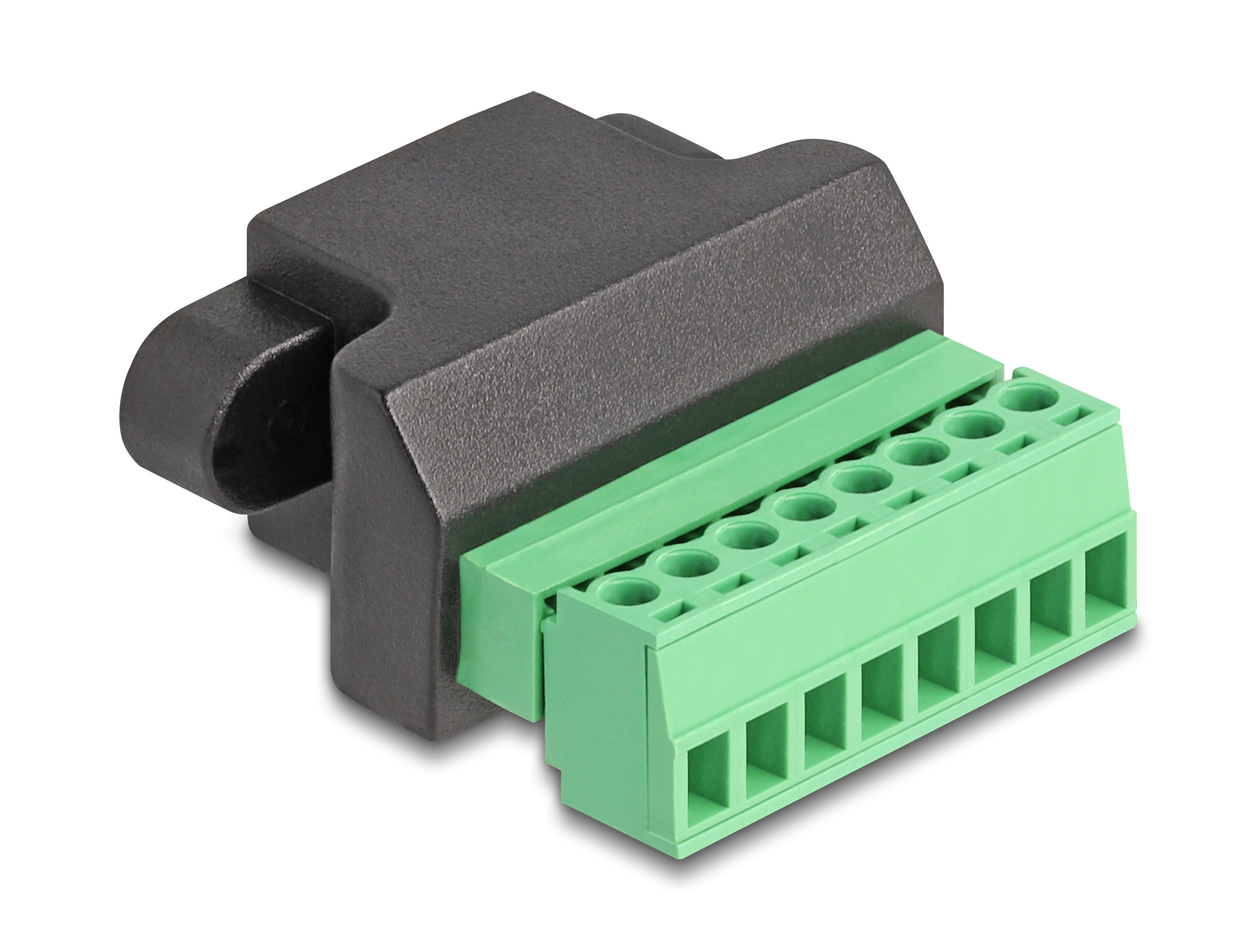 Un connettore elettrico in plastica nera con un morsetto verde. Il connettore è su sfondo bianco.