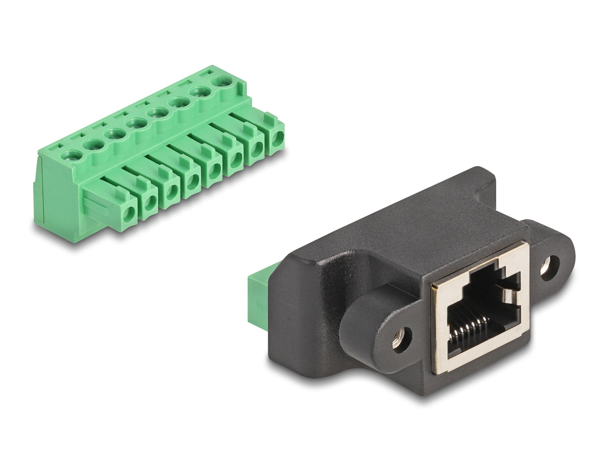 Due componenti elettronici: un morsettiera verde e un connettore Ethernet nero, su sfondo bianco.