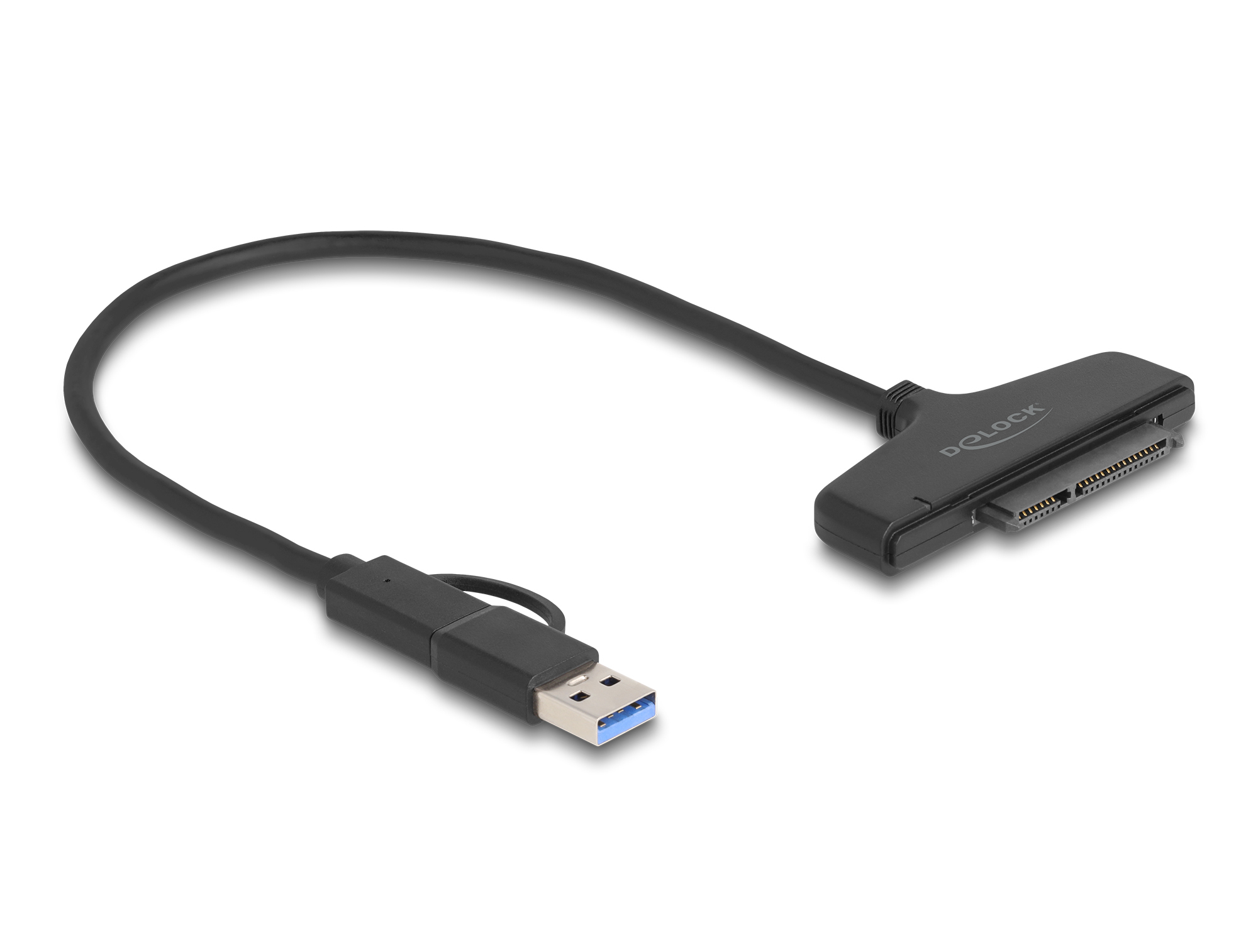 Czarny kabel adaptera USB na SATA. Ma złącze USB, kabel i złącze SATA. Tło jest białe.
