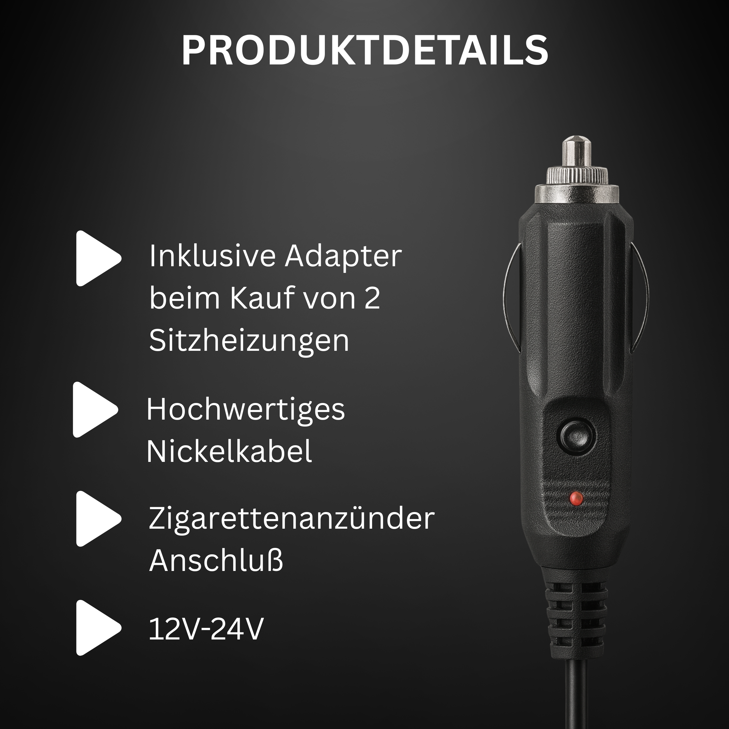 Das Bild zeigt ein Autoladegerät mit Produktdetails. Es hat ein schwarzes Gehäuse und ein rotes Licht. Text listet Funktionen.