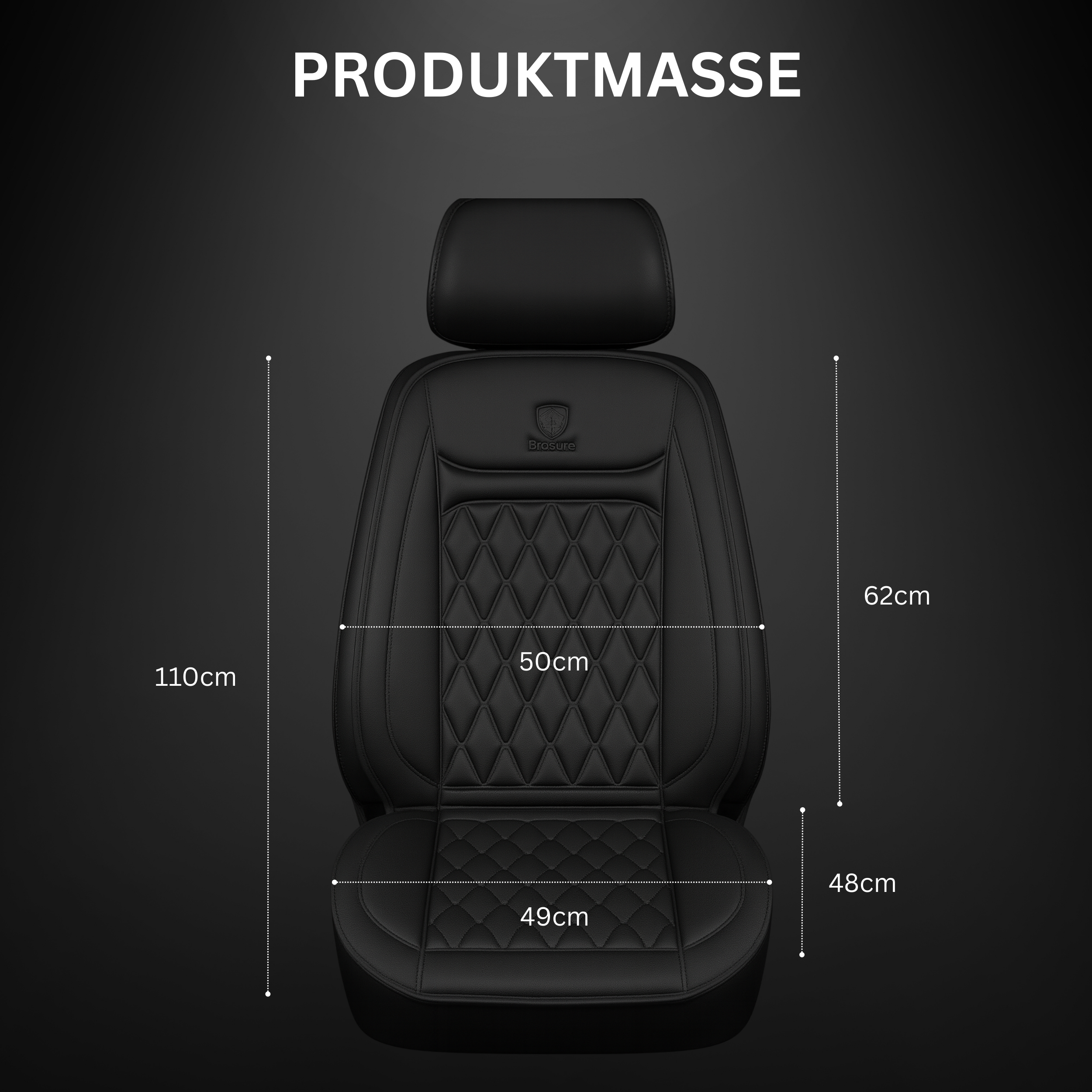 Ein schwarzer Autositz mit Maßangaben. Er hat eine Kopfstütze, Rautensteppung und ein 'Brosure'-Logo.