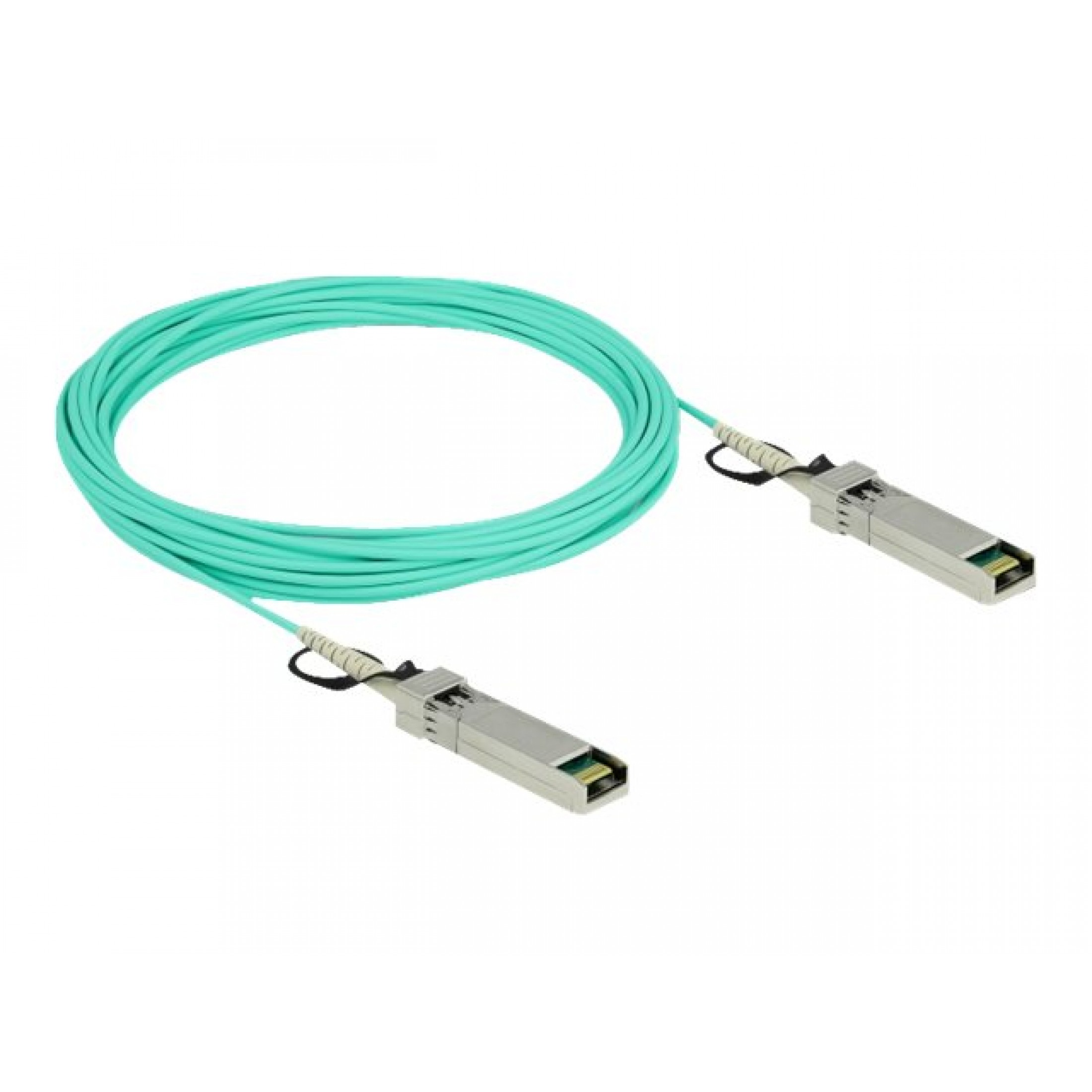 Un cavo in fibra ottica verde acqua con connettori a ciascuna estremità, avvolto ad anello su sfondo bianco.
