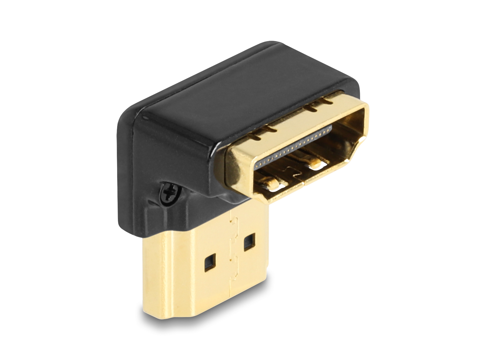 Adaptador HDMI en ángulo con carcasa de plástico negro y conectores dorados sobre fondo blanco.