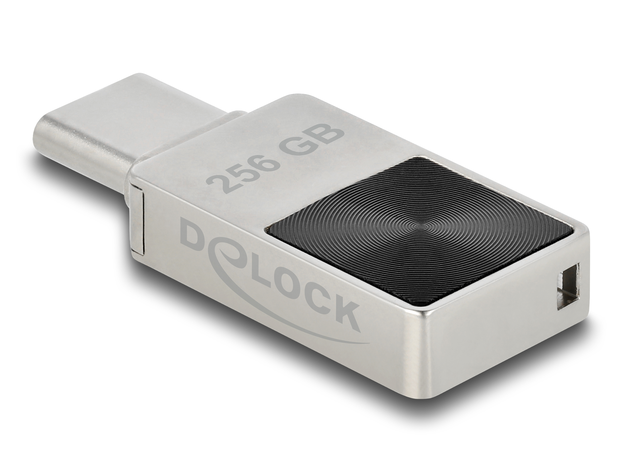 Srebrny pendrive USB z czarną, teksturowaną podkładką, z napisem '256 GB' i 'D DOLOCK'. Rzuca cień na białym tle.